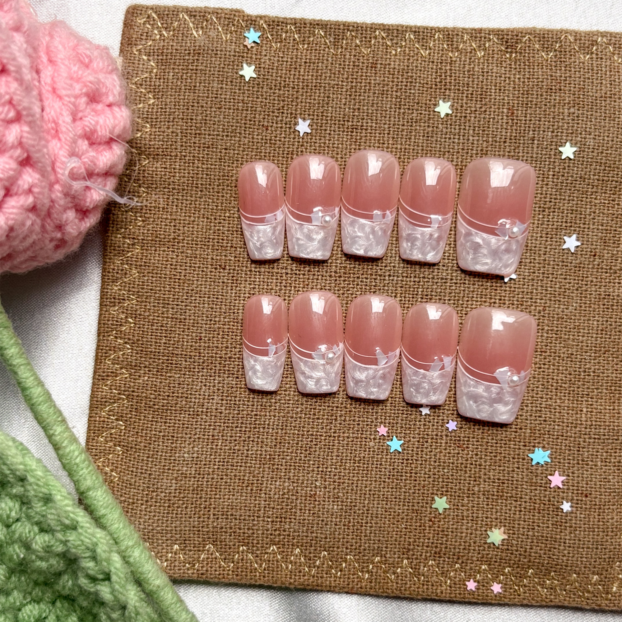 Custom French Tip Press-On Nails | Soft Pink Ombre with Marble White Tips | Delicate Rhinestone Accents | Elegant Personalized Nail Set