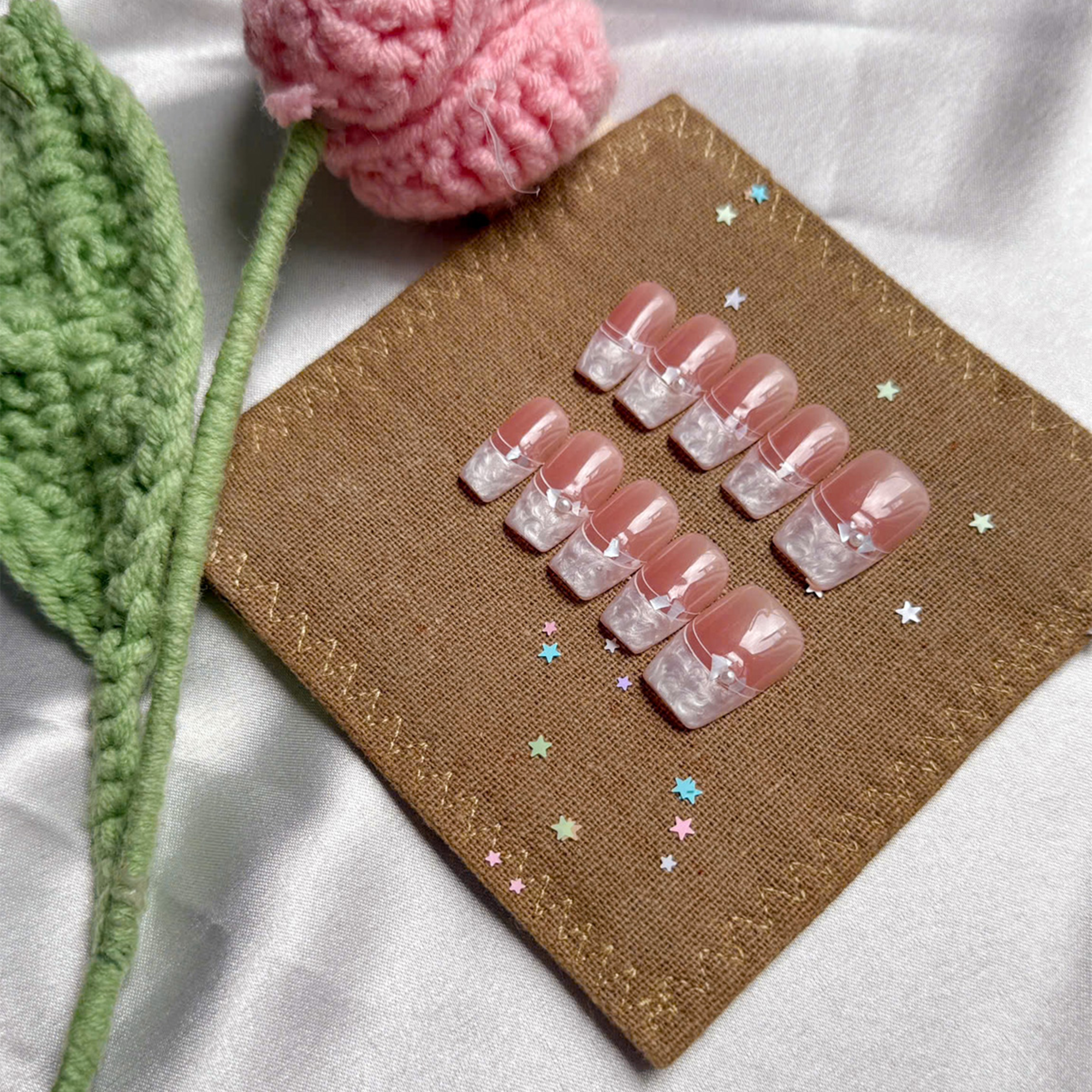 Custom French Tip Press-On Nails | Soft Pink Ombre with Marble White Tips | Delicate Rhinestone Accents | Elegant Personalized Nail Set