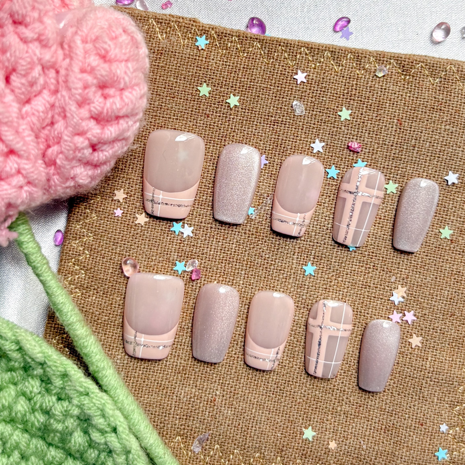 Custom Press-On Nails – Nude & Pink Plaid Nails | Glitter & French Tips | Square Handmade Nail Set
