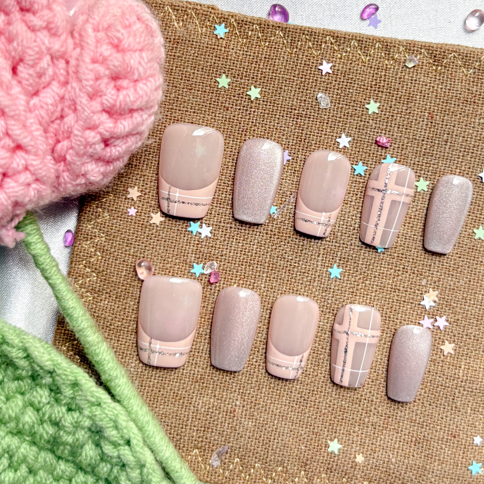 Custom Press-On Nails – Nude & Pink Plaid Nails | Glitter & French Tips | Square Handmade Nail Set