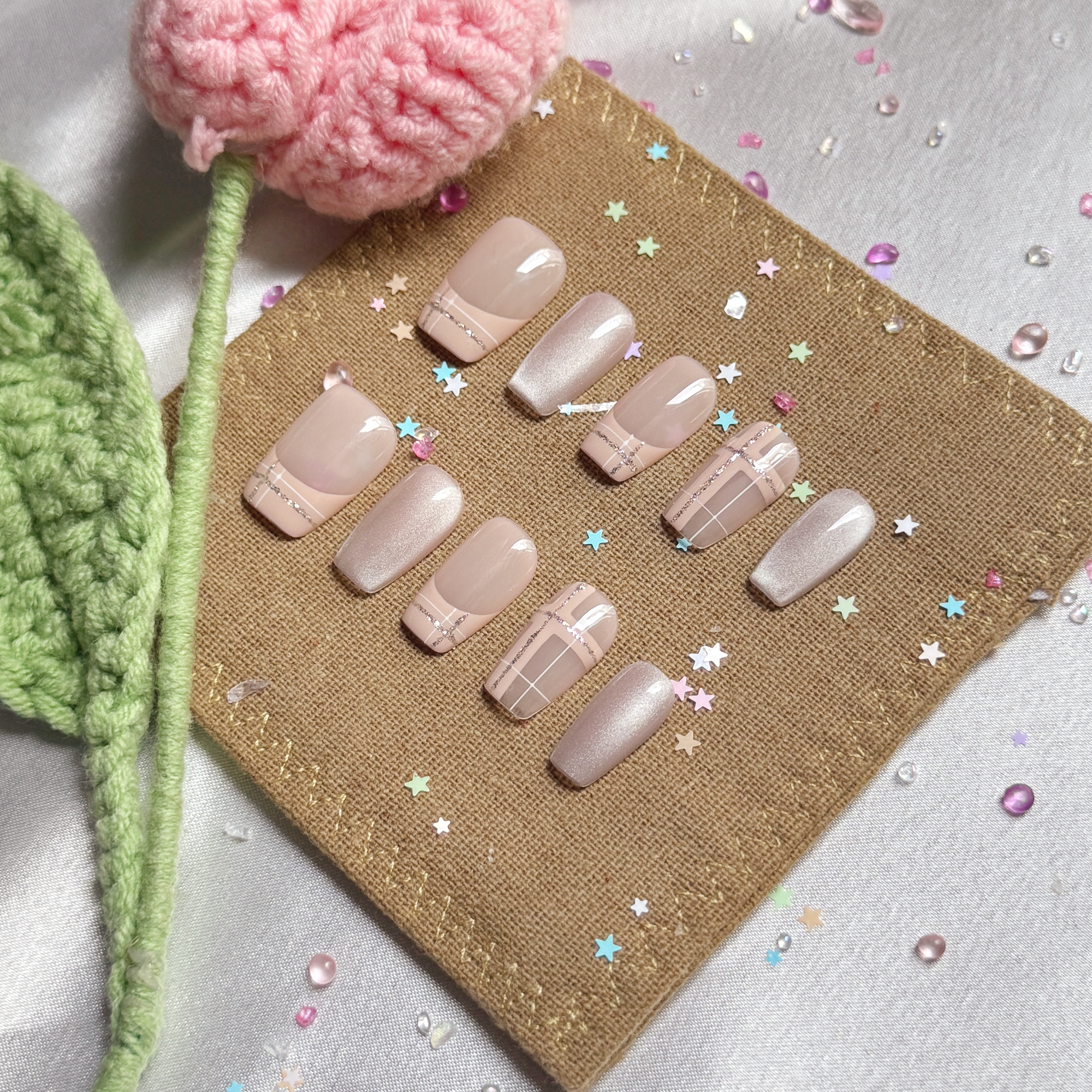 Custom Press-On Nails – Nude & Pink Plaid Nails | Glitter & French Tips | Square Handmade Nail Set