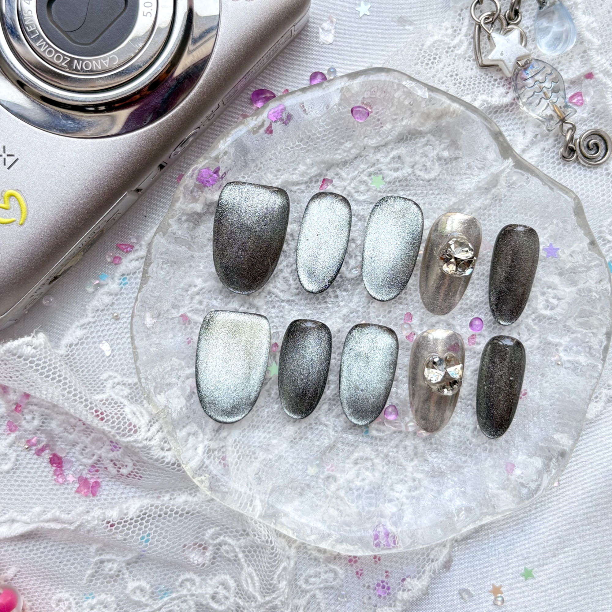 Press-On Nails – Silver Green Chrome with Rhinestone Accents | Luxury Gothic Nail Art Set | Wynzy Pops Nails