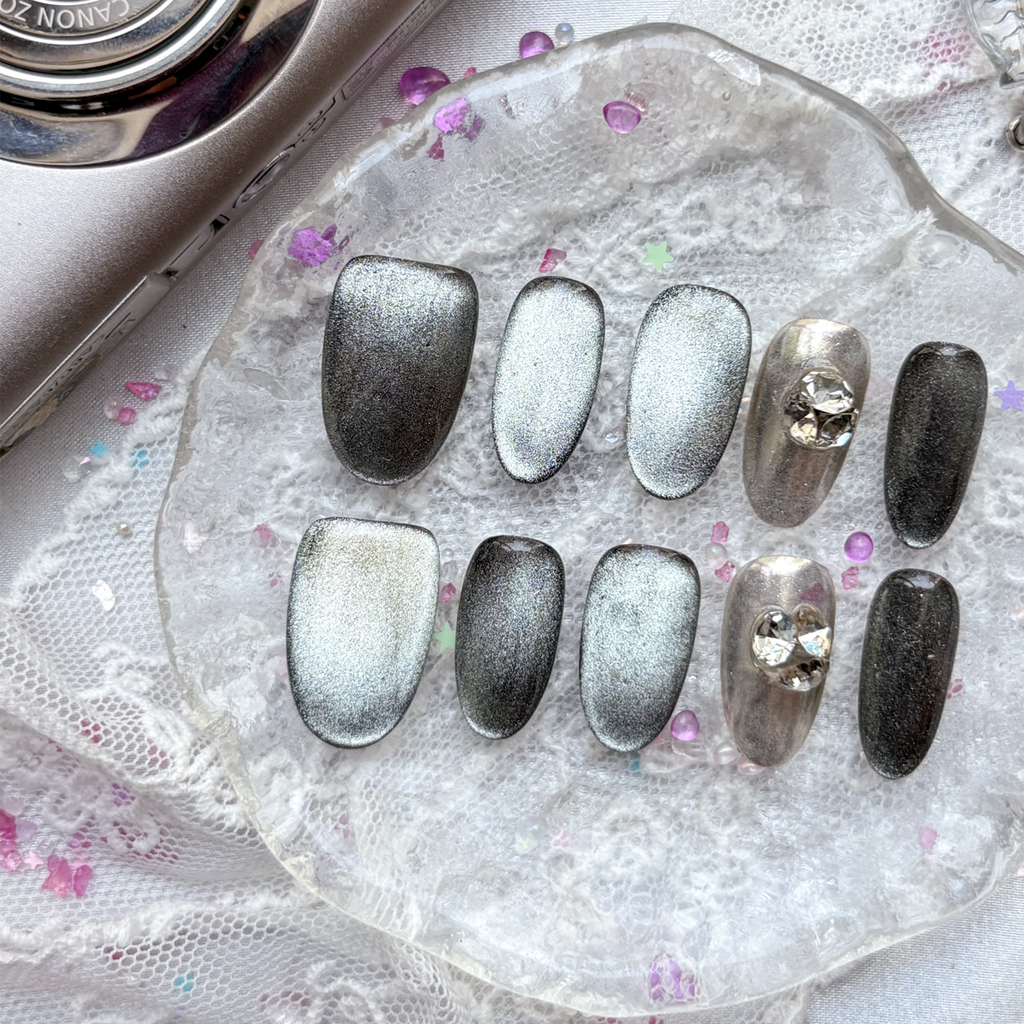 Press-On Nails – Silver Green Chrome with Rhinestone Accents | Luxury Gothic Nail Art Set | Wynzy Pops Nails