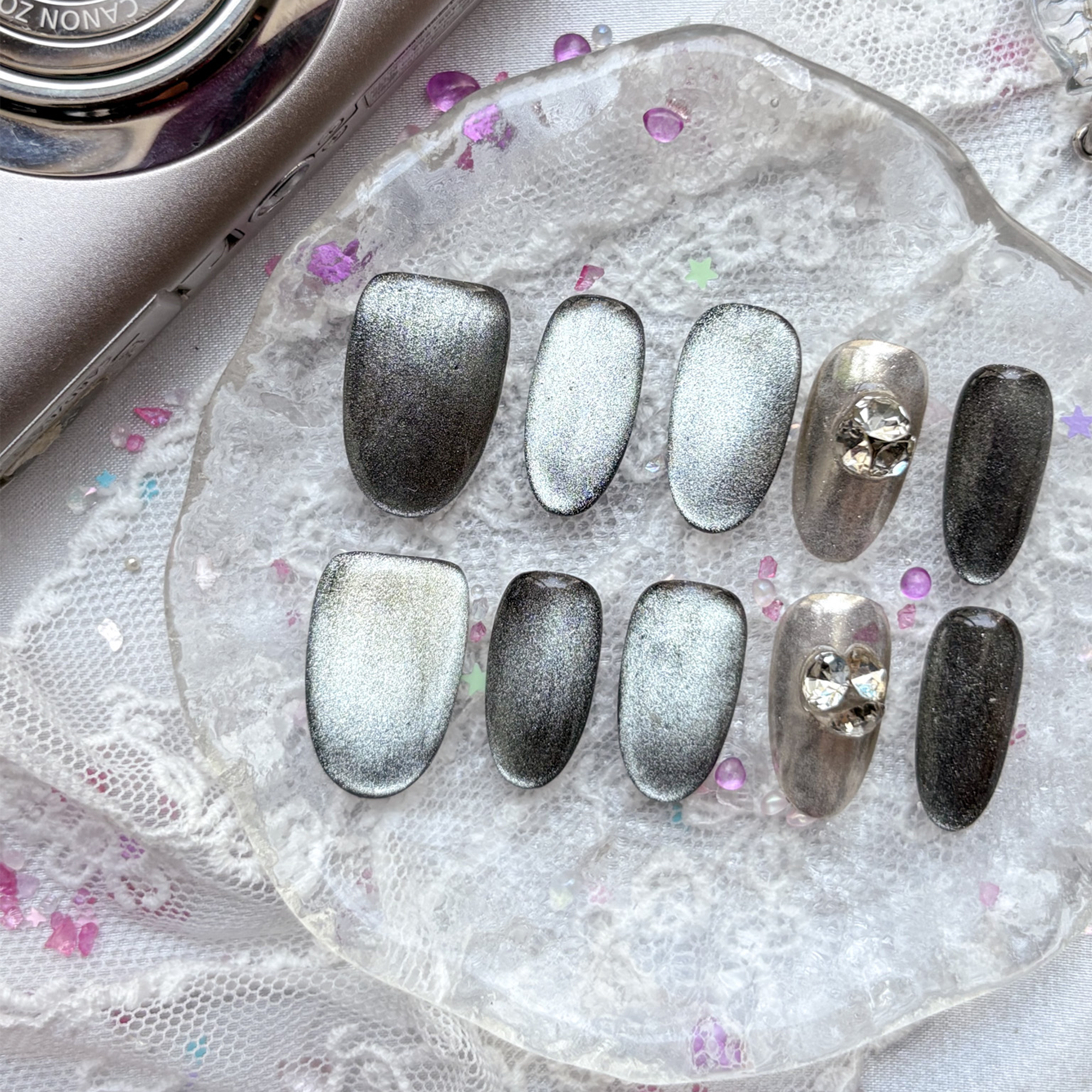 Press-On Nails – Silver Green Chrome with Rhinestone Accents | Luxury Gothic Nail Art Set | Wynzy Pops Nails