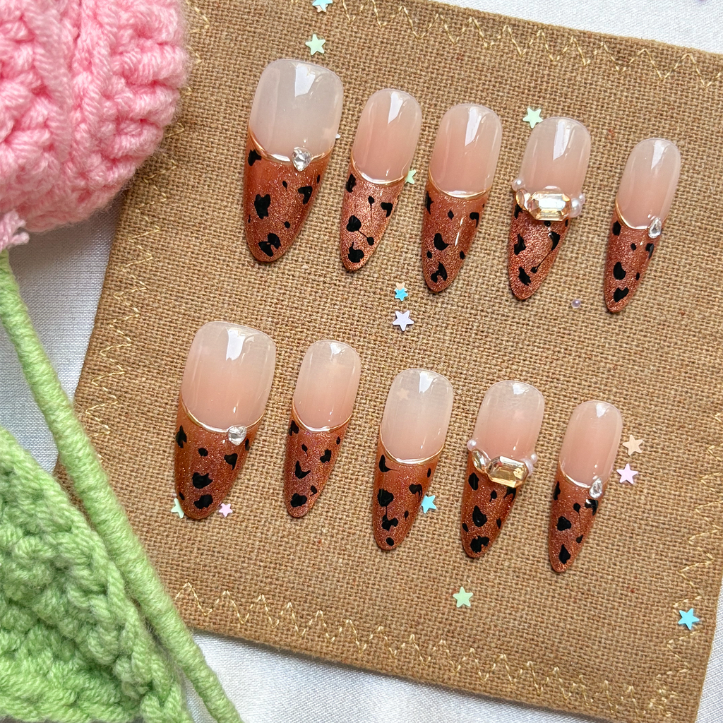 Custom Press-On Nails – Leopard Glitter French Tip with Rhinestones | Personalized Animal Print Nail Art | Wynzy Pops Nails