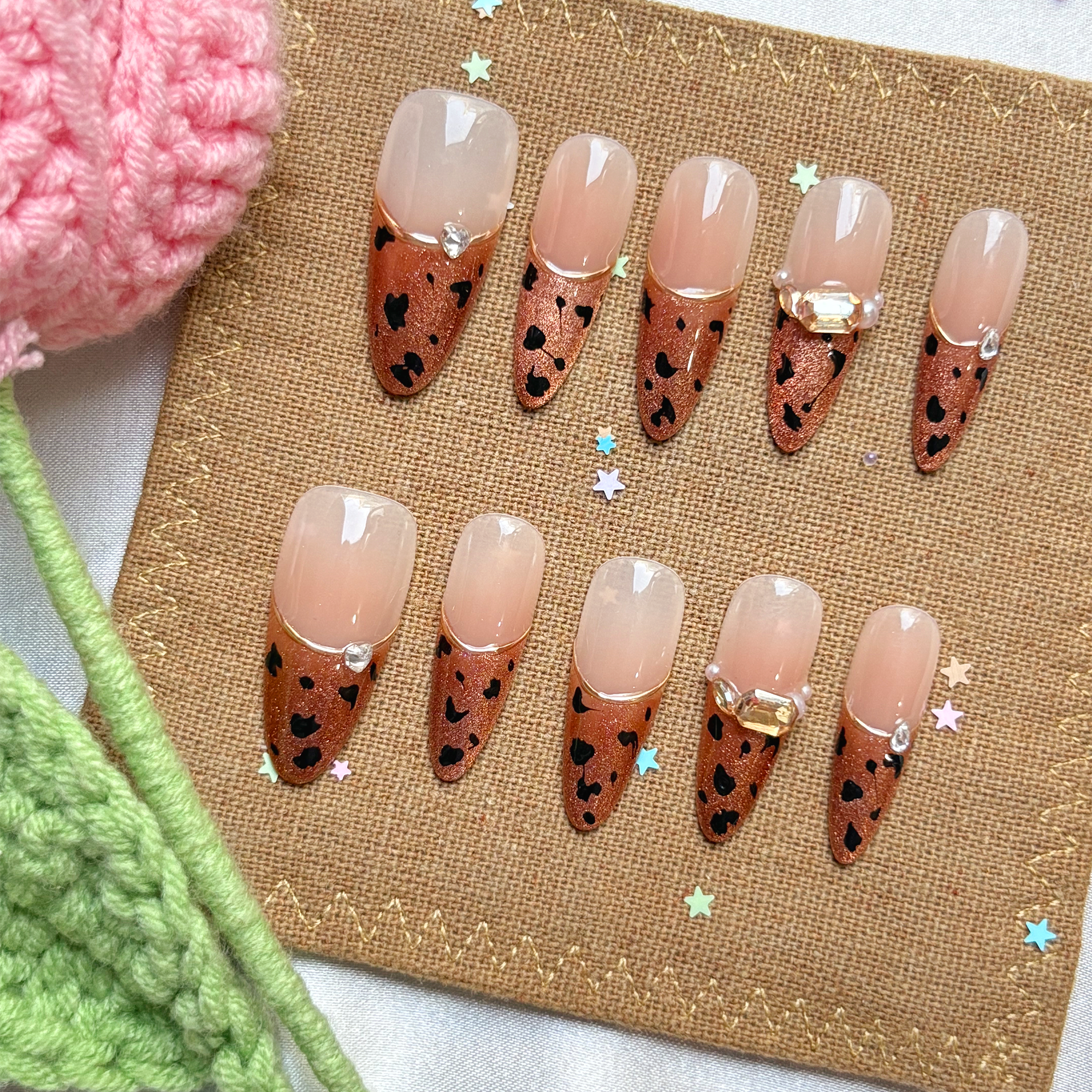 Custom Press-On Nails – Leopard Glitter French Tip with Rhinestones | Personalized Animal Print Nail Art | Wynzy Pops Nails