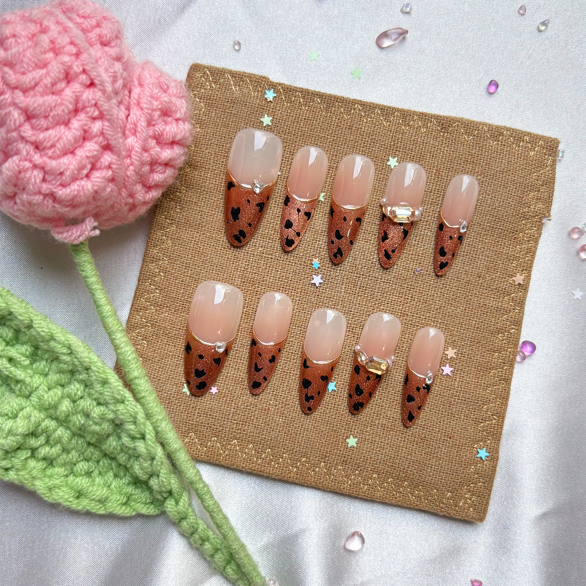 Custom Press-On Nails – Leopard Glitter French Tip with Rhinestones | Personalized Animal Print Nail Art | Wynzy Pops Nails