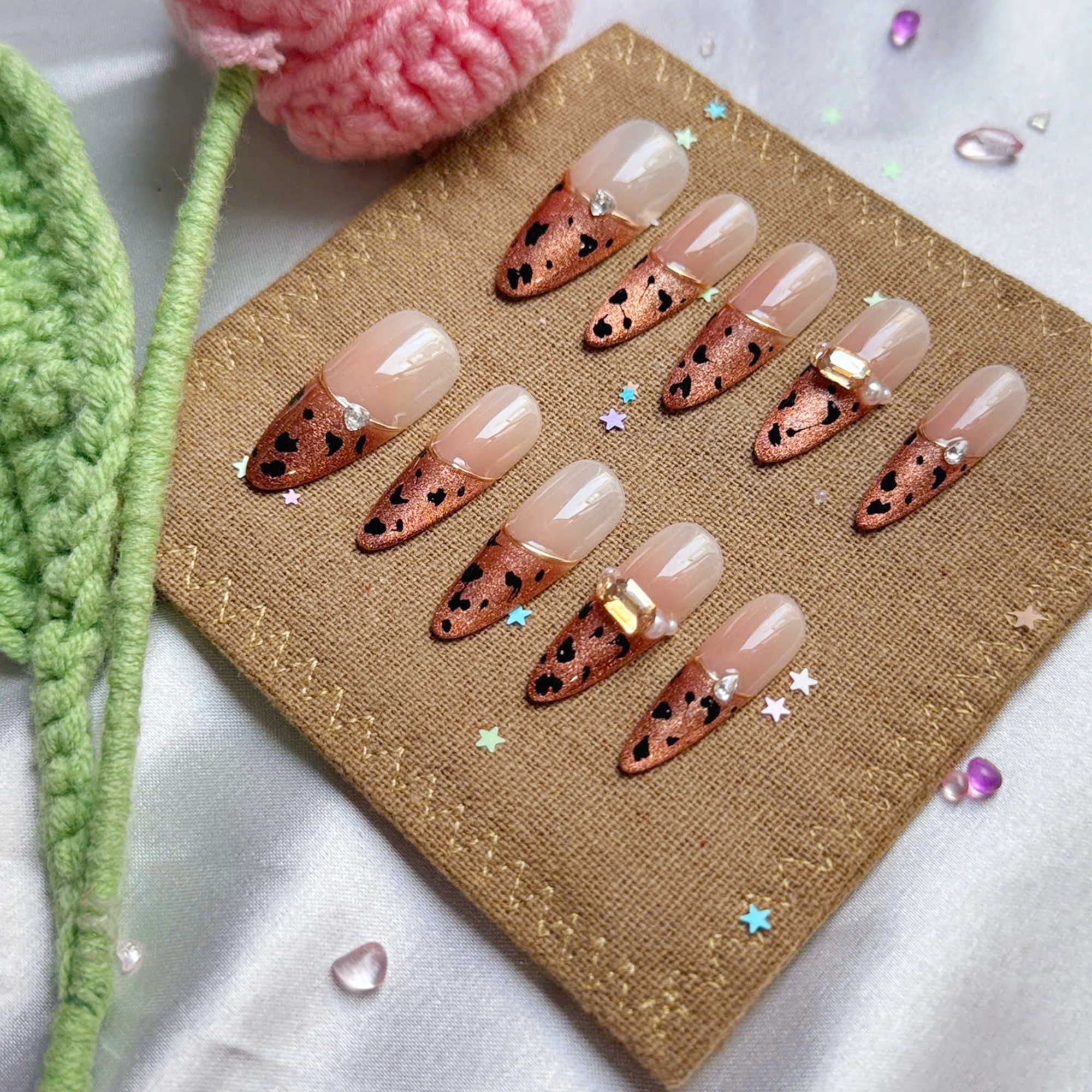 Custom Press-On Nails – Leopard Glitter French Tip with Rhinestones | Personalized Animal Print Nail Art | Wynzy Pops Nails