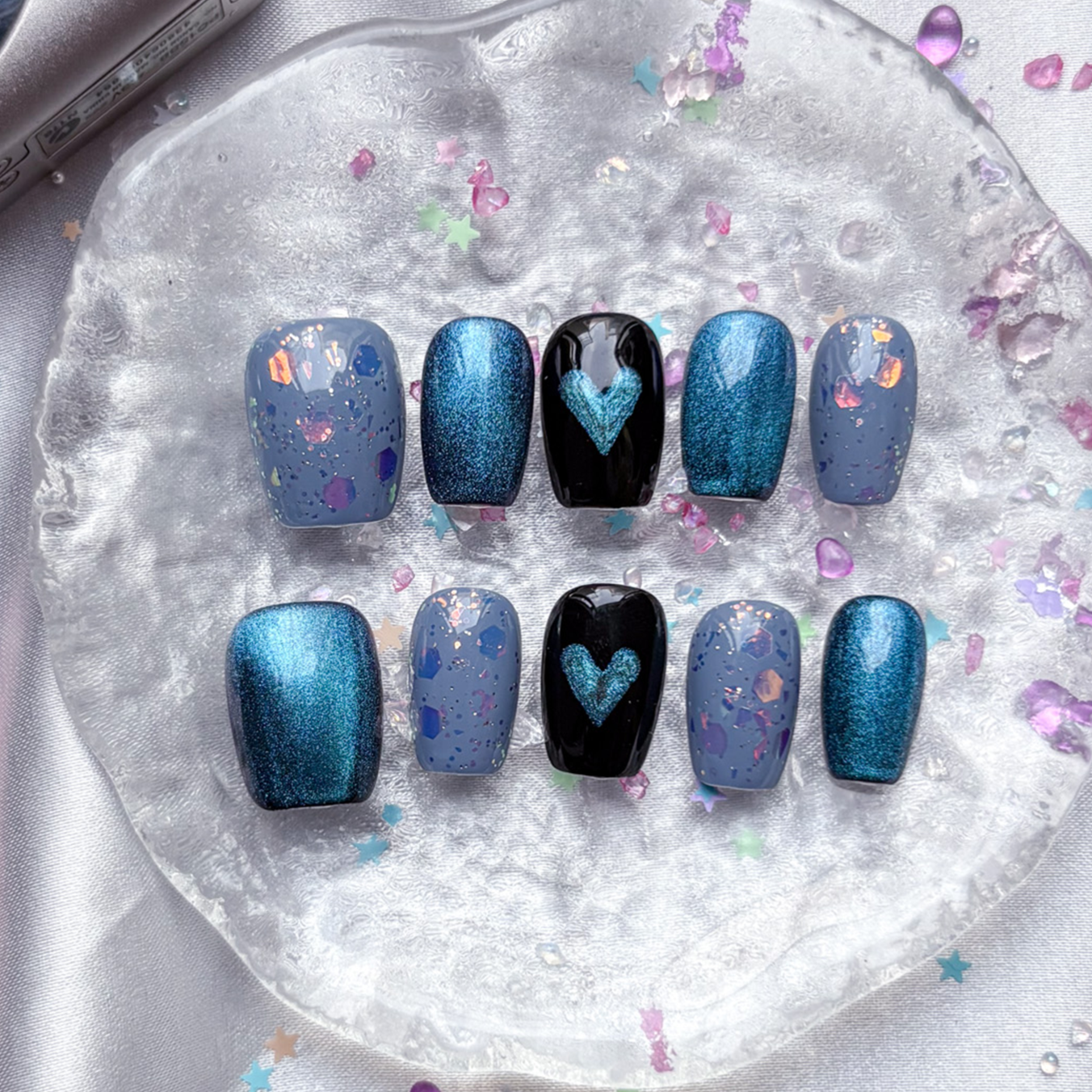 Personalize Blue Cat Eye Press On Nails | Blue Heart Accent | Glitter Flake Design | Square Short Handmade False Nails