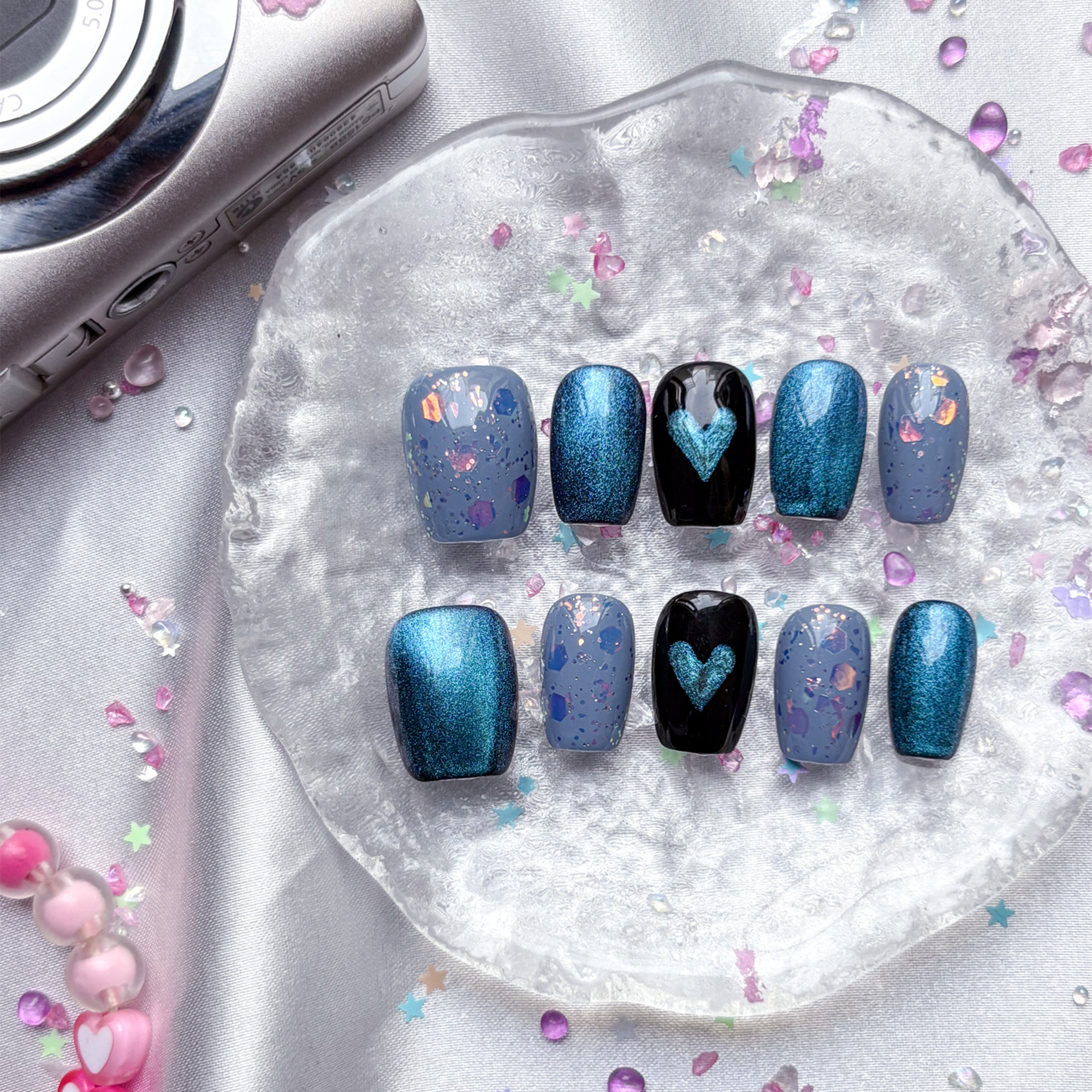Personalize Blue Cat Eye Press On Nails | Blue Heart Accent | Glitter Flake Design | Square Short Handmade False Nails