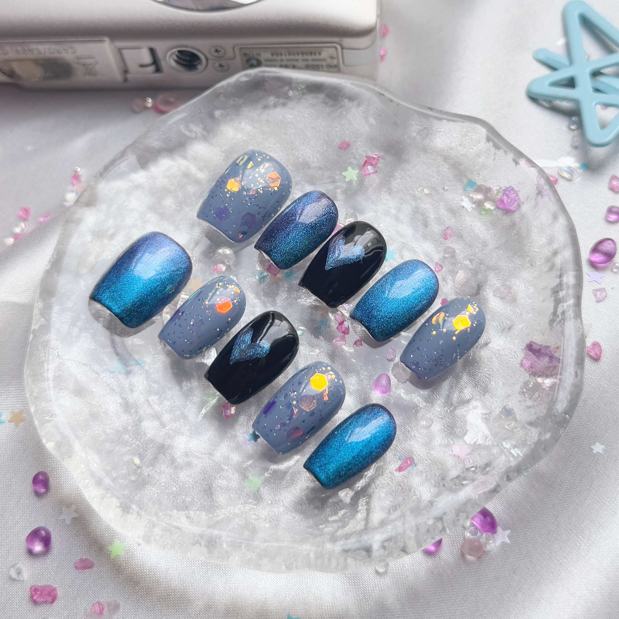 Personalize Blue Cat Eye Press On Nails | Blue Heart Accent | Glitter Flake Design | Square Short Handmade False Nails