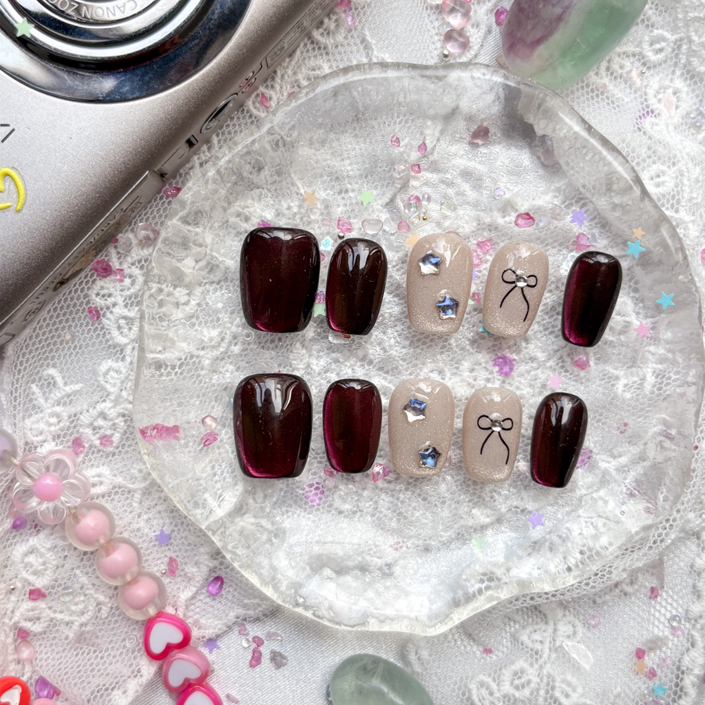 Custom Cat Eye Press On Nails | Short Square | Gradient Red-Bronze Glow | Nude Accents with Star & Bow Designs | Personalized Gift
