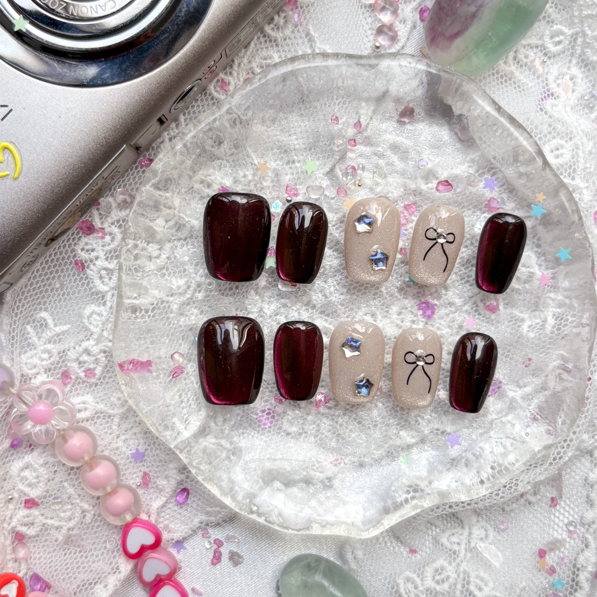 Custom Cat Eye Press On Nails | Short Square | Gradient Red-Bronze Glow | Nude Accents with Star & Bow Designs | Personalized Gift