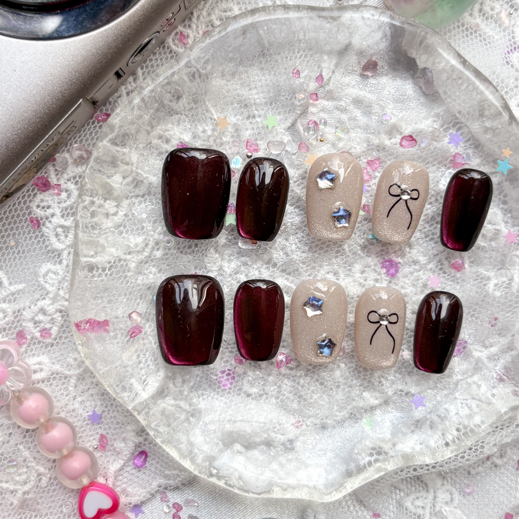 Custom Cat Eye Press On Nails | Short Square | Gradient Red-Bronze Glow | Nude Accents with Star & Bow Designs | Personalized Gift