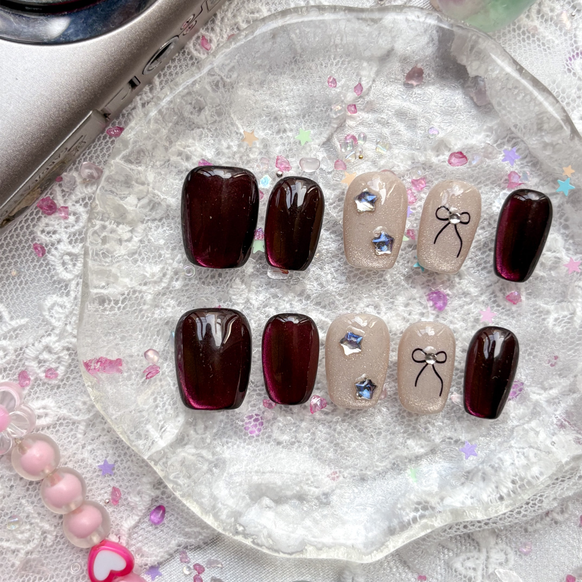 Custom Cat Eye Press On Nails | Short Square | Gradient Red-Bronze Glow | Nude Accents with Star & Bow Designs | Personalized Gift