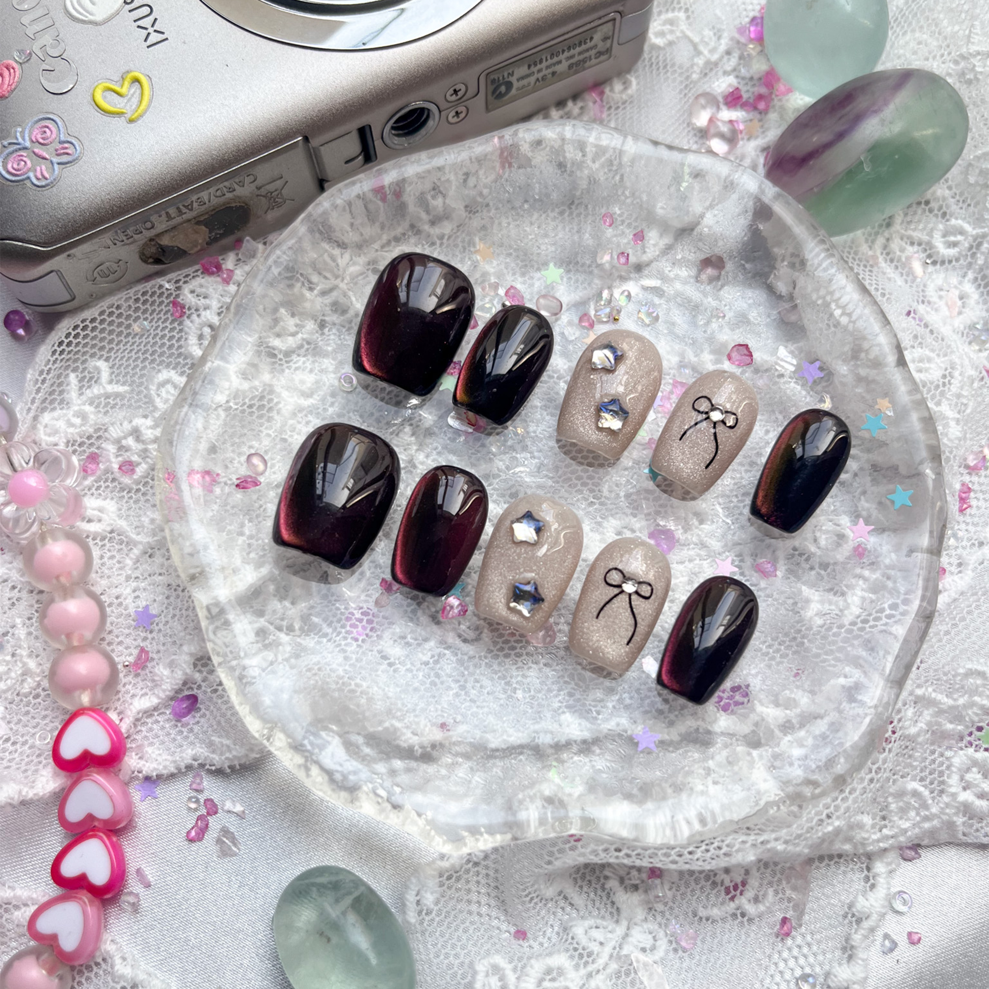 Custom Cat Eye Press On Nails | Short Square | Gradient Red-Bronze Glow | Nude Accents with Star & Bow Designs | Personalized Gift