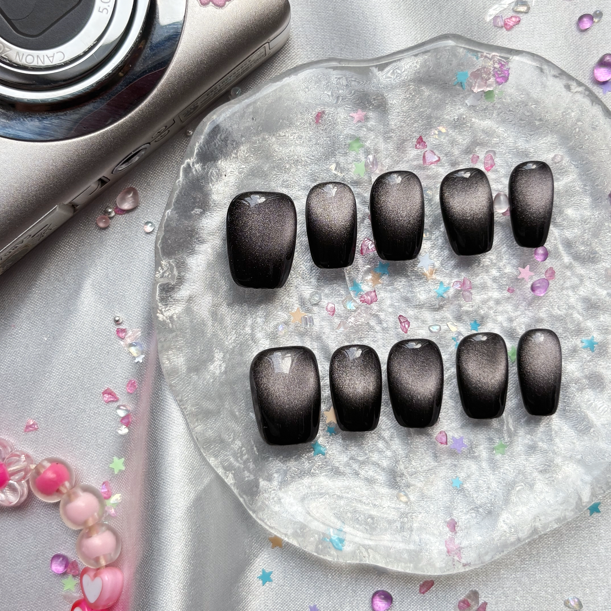 Custom Press-On Nails – Black Ombre Cat Eye with Gothic Glitter Nail Art | Long Square Glam | Wynzy Pops Nails