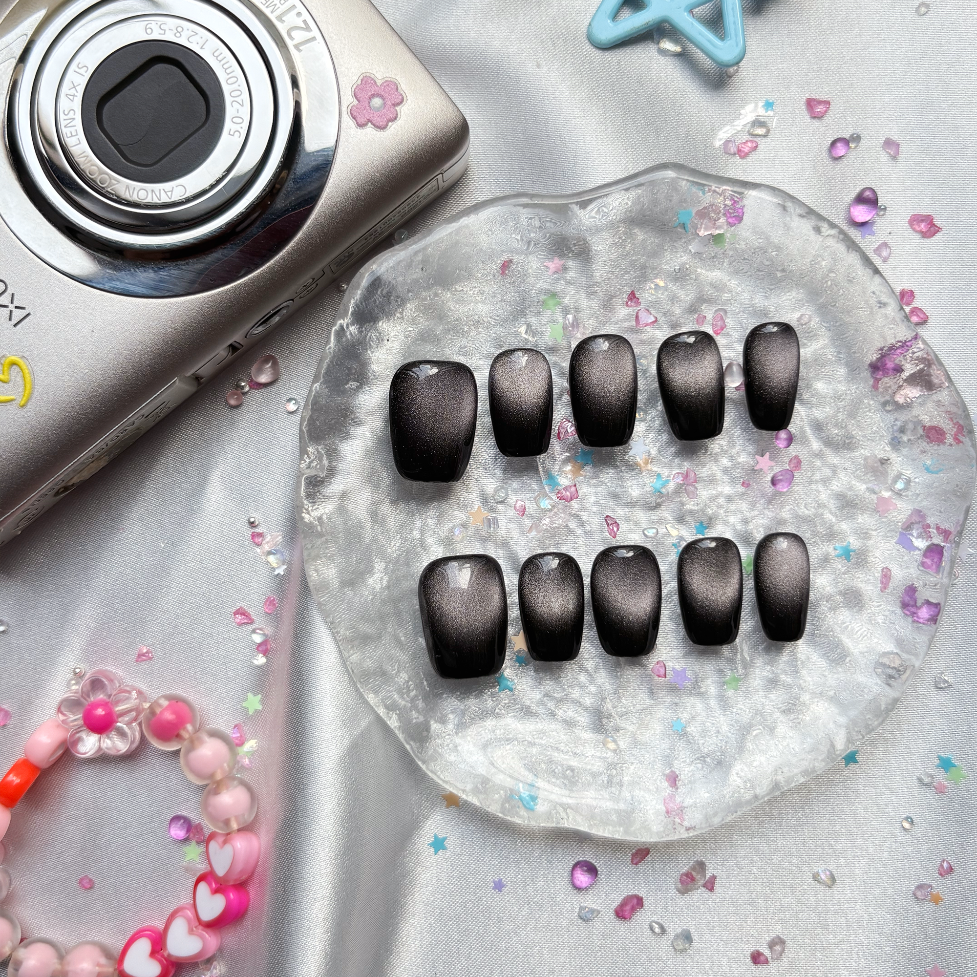 Custom Press-On Nails – Black Ombre Cat Eye with Gothic Glitter Nail Art | Long Square Glam | Wynzy Pops Nails