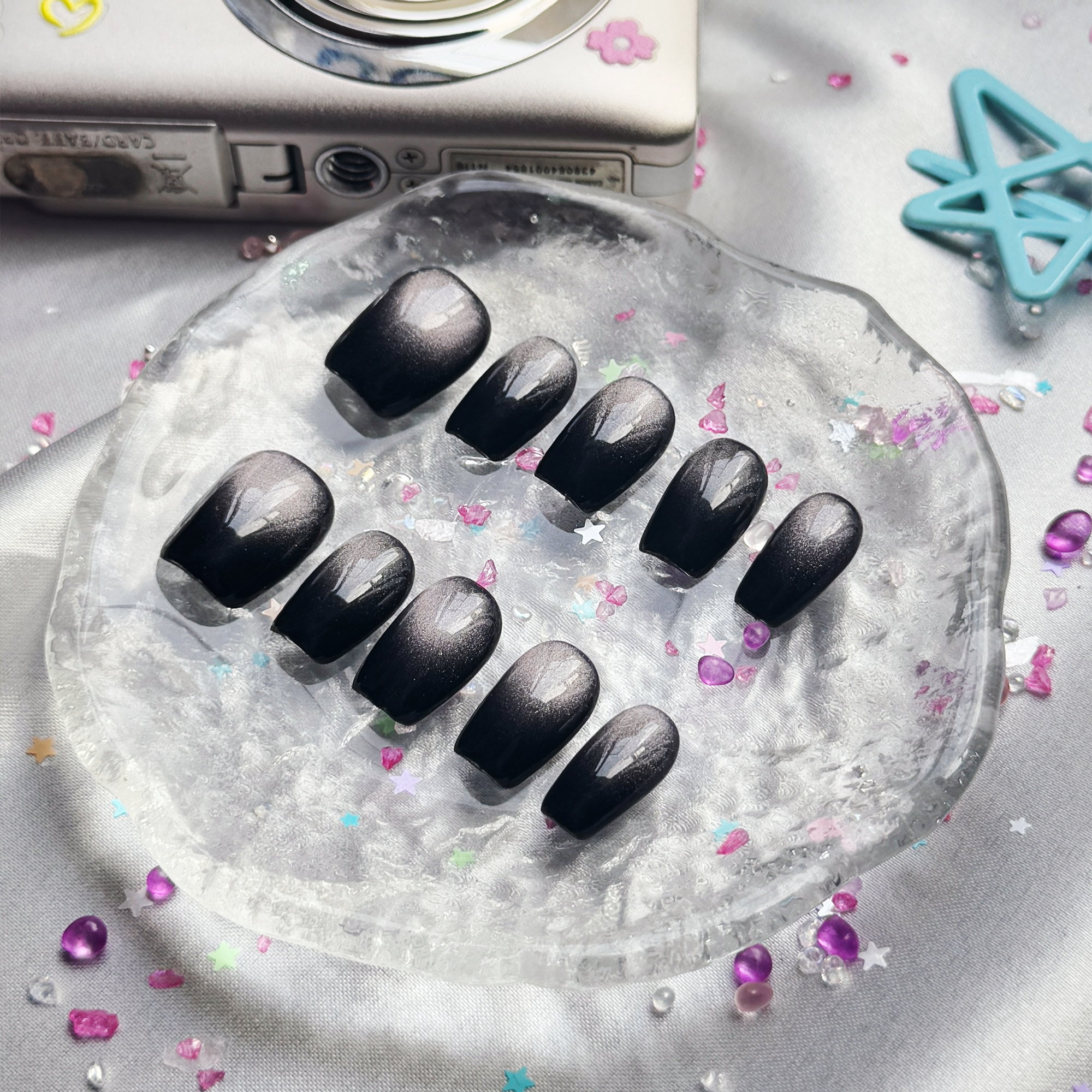 Custom Press-On Nails – Black Ombre Cat Eye with Gothic Glitter Nail Art | Long Square Glam | Wynzy Pops Nails