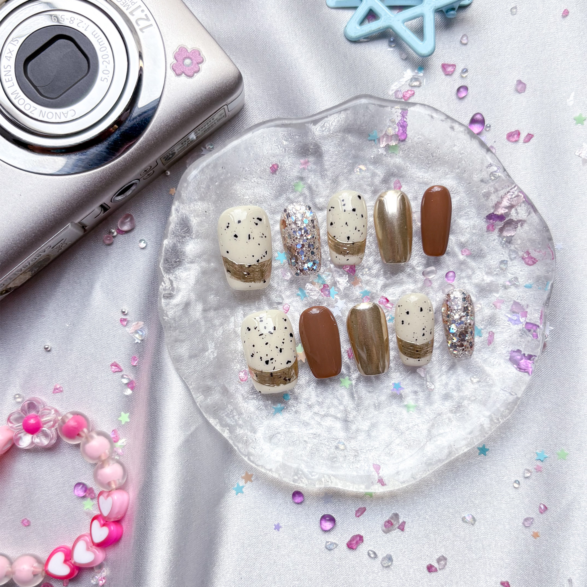 Personalized Brown Speckle Press On Nails: Gold Glitter Almond Nail Art | Wynzy Pops Nails