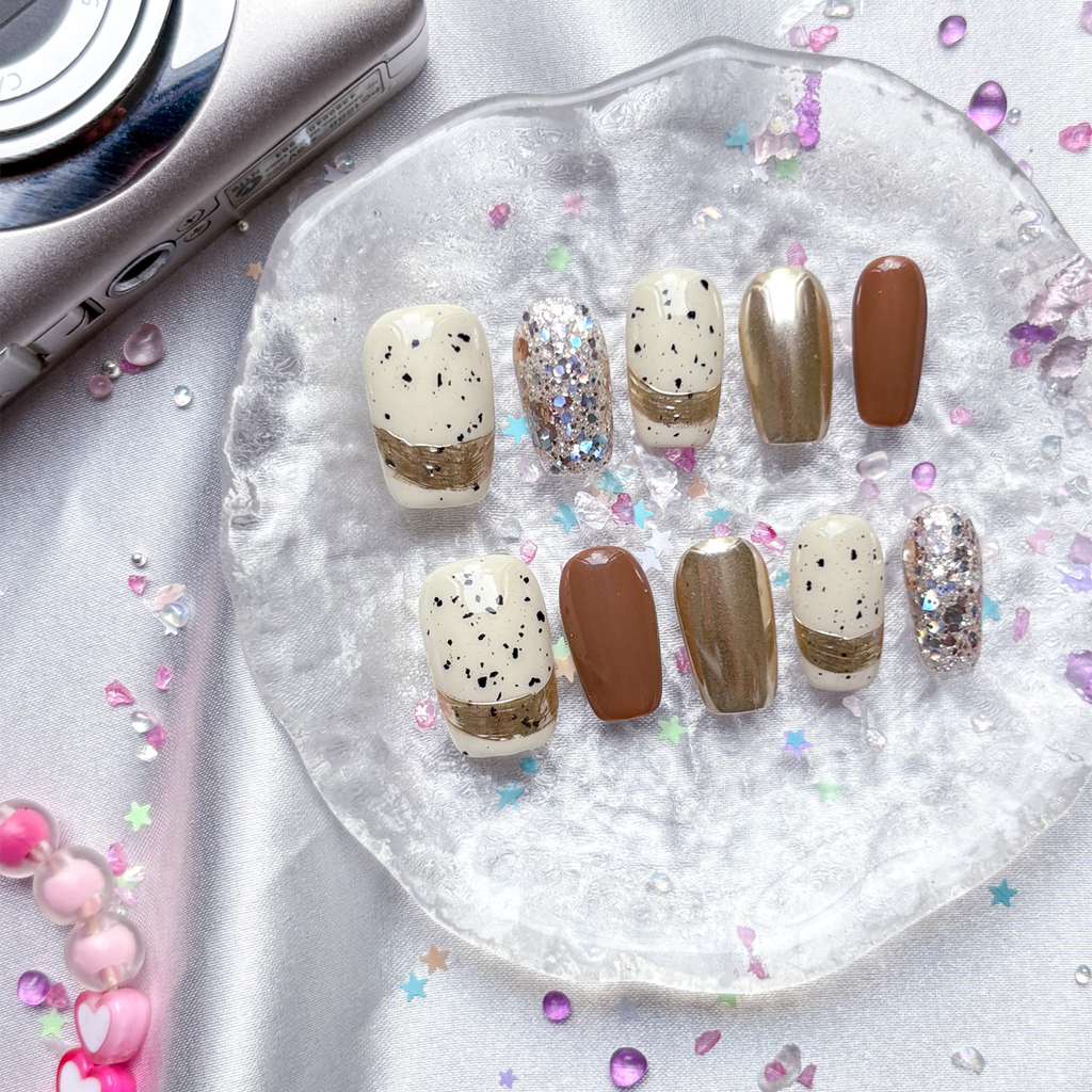 Personalized Brown Speckle Press On Nails: Gold Glitter Almond Nail Art | Wynzy Pops Nails