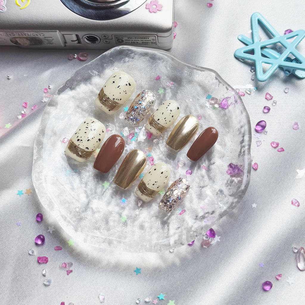 Personalized Brown Speckle Press On Nails: Gold Glitter Almond Nail Art | Wynzy Pops Nails