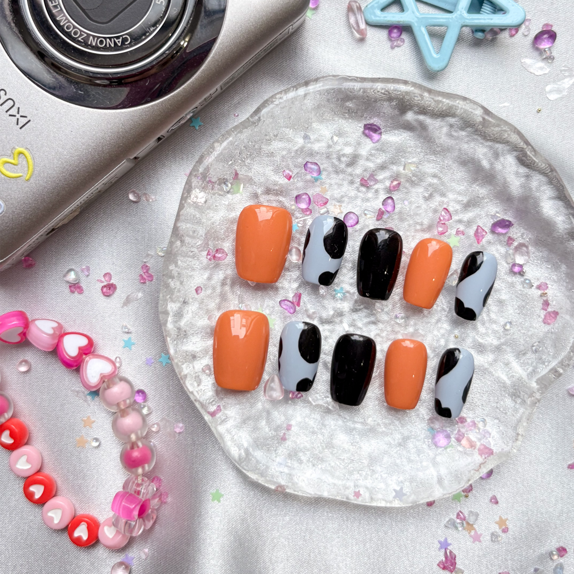 Custom Press-On Nails – Neon Orange & Cow Print in Long Square Shape | Wynzy Pops Nails