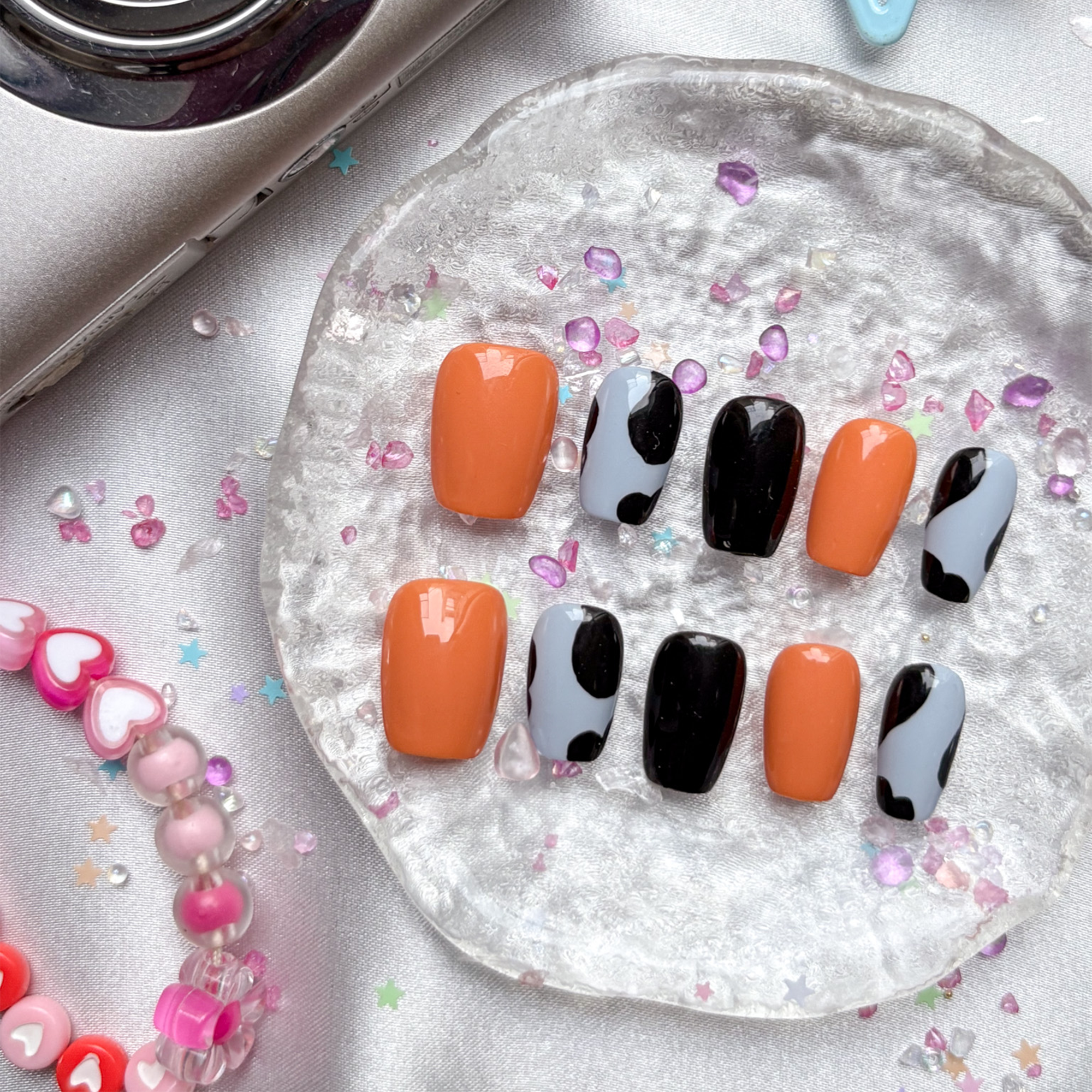 Custom Press-On Nails – Neon Orange & Cow Print in Long Square Shape | Wynzy Pops Nails