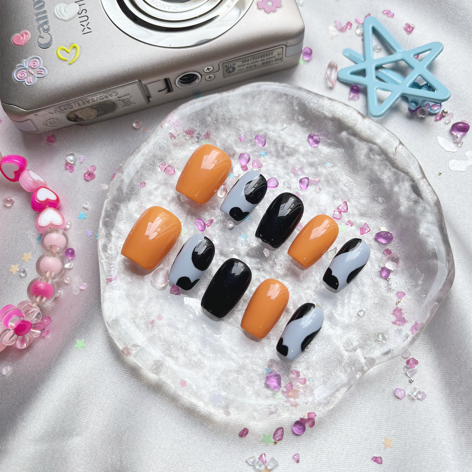 Custom Press-On Nails – Neon Orange & Cow Print in Long Square Shape | Wynzy Pops Nails