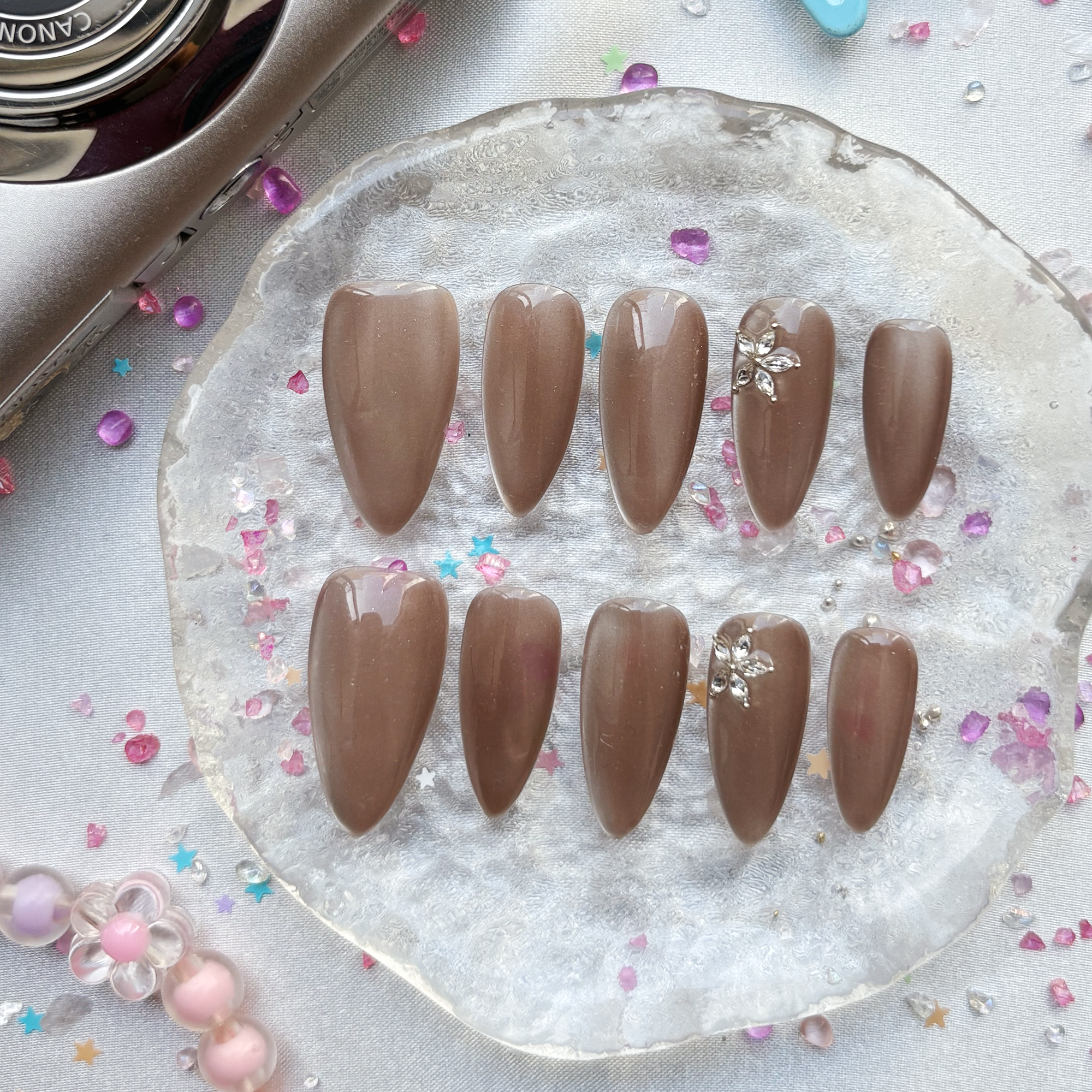 Custom Press-On Nails – Long Almond in Mocha Brown with Floral Rhinestone Accents | Personalized Nude Chic | Wynzy Pops Nails
