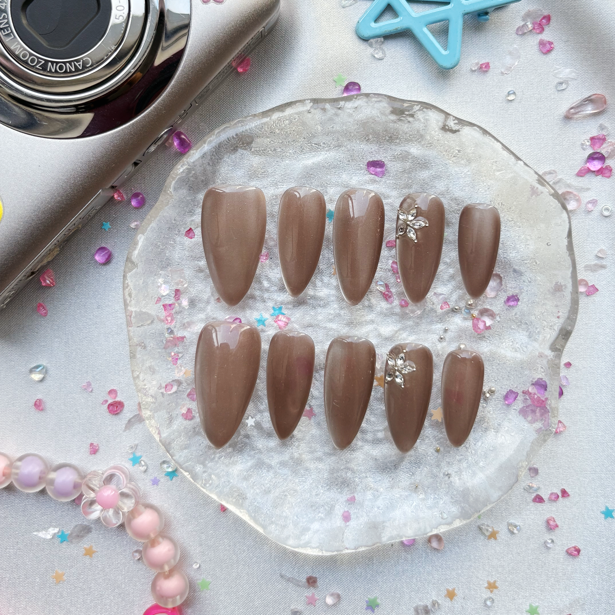 Custom Press-On Nails – Long Almond in Mocha Brown with Floral Rhinestone Accents | Personalized Nude Chic | Wynzy Pops Nails