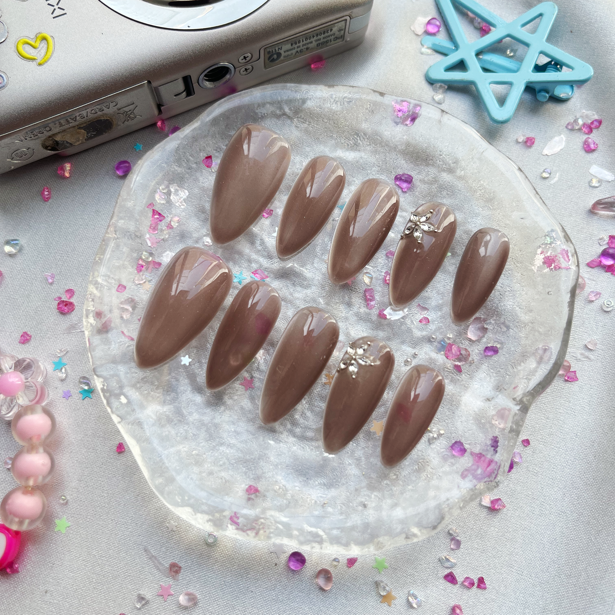 Custom Press-On Nails – Long Almond in Mocha Brown with Floral Rhinestone Accents | Personalized Nude Chic | Wynzy Pops Nails