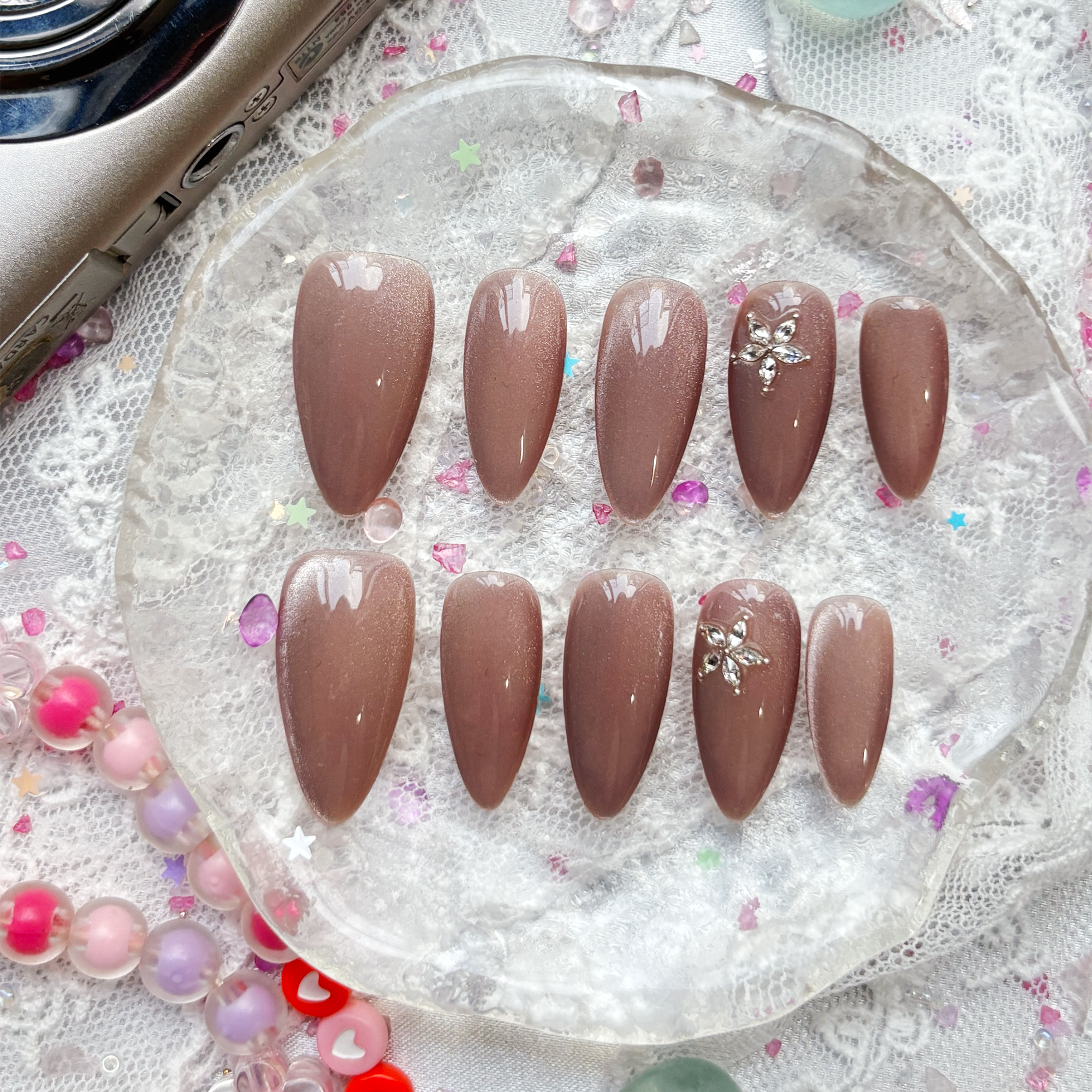 Custom Press-On Nails – Long Almond Pink Cat Eye with Floral Rhinestone Accents | Personalized Nail Art Set | Wynzy Pops Nails