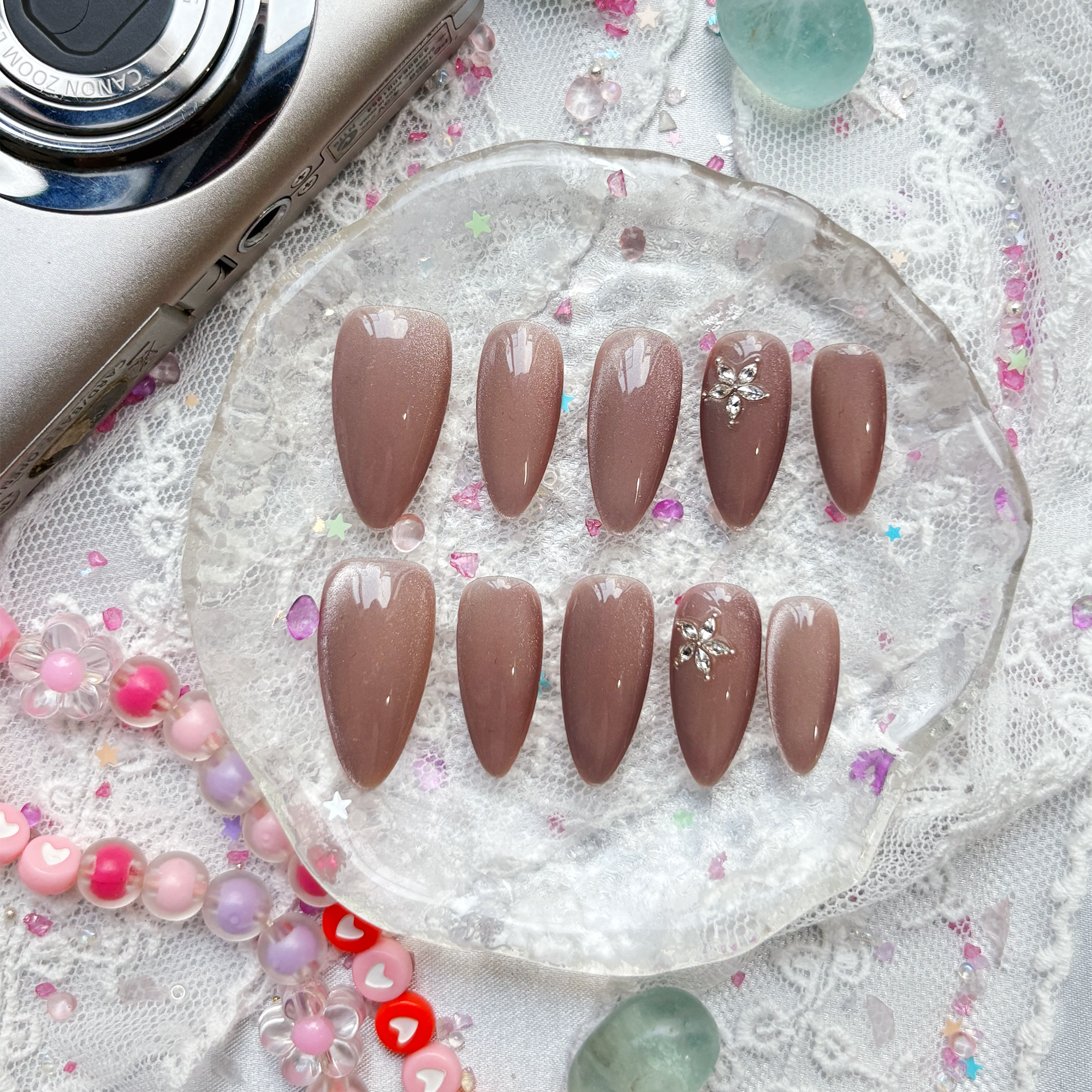 Custom Press-On Nails – Long Almond Pink Cat Eye with Floral Rhinestone Accents | Personalized Nail Art Set | Wynzy Pops Nails