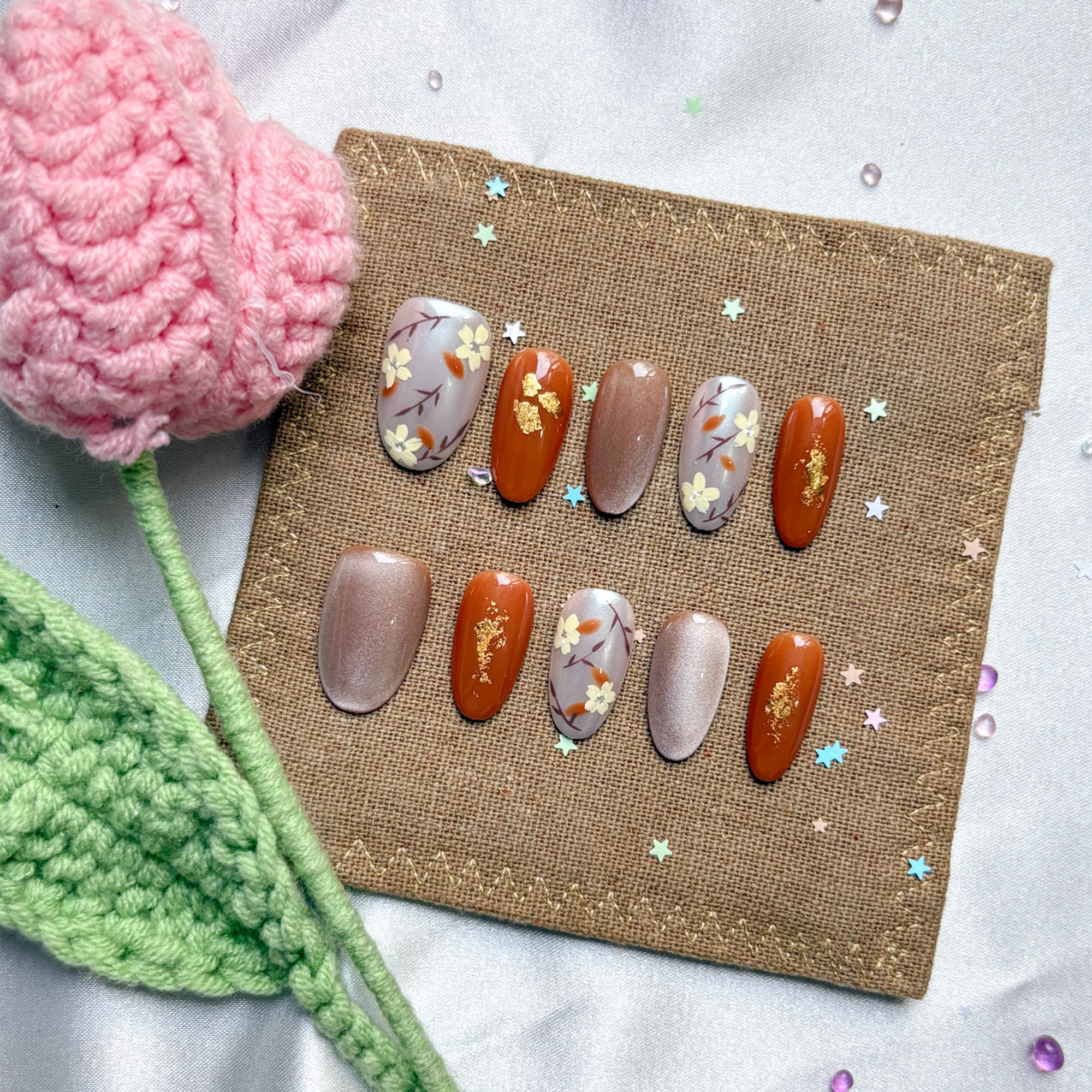 Custom Press-On Nails – Autumn Floral in Brown & Gray with Gold Foil | Cozy Fall Nail Art | Wynzy Pops Nails
