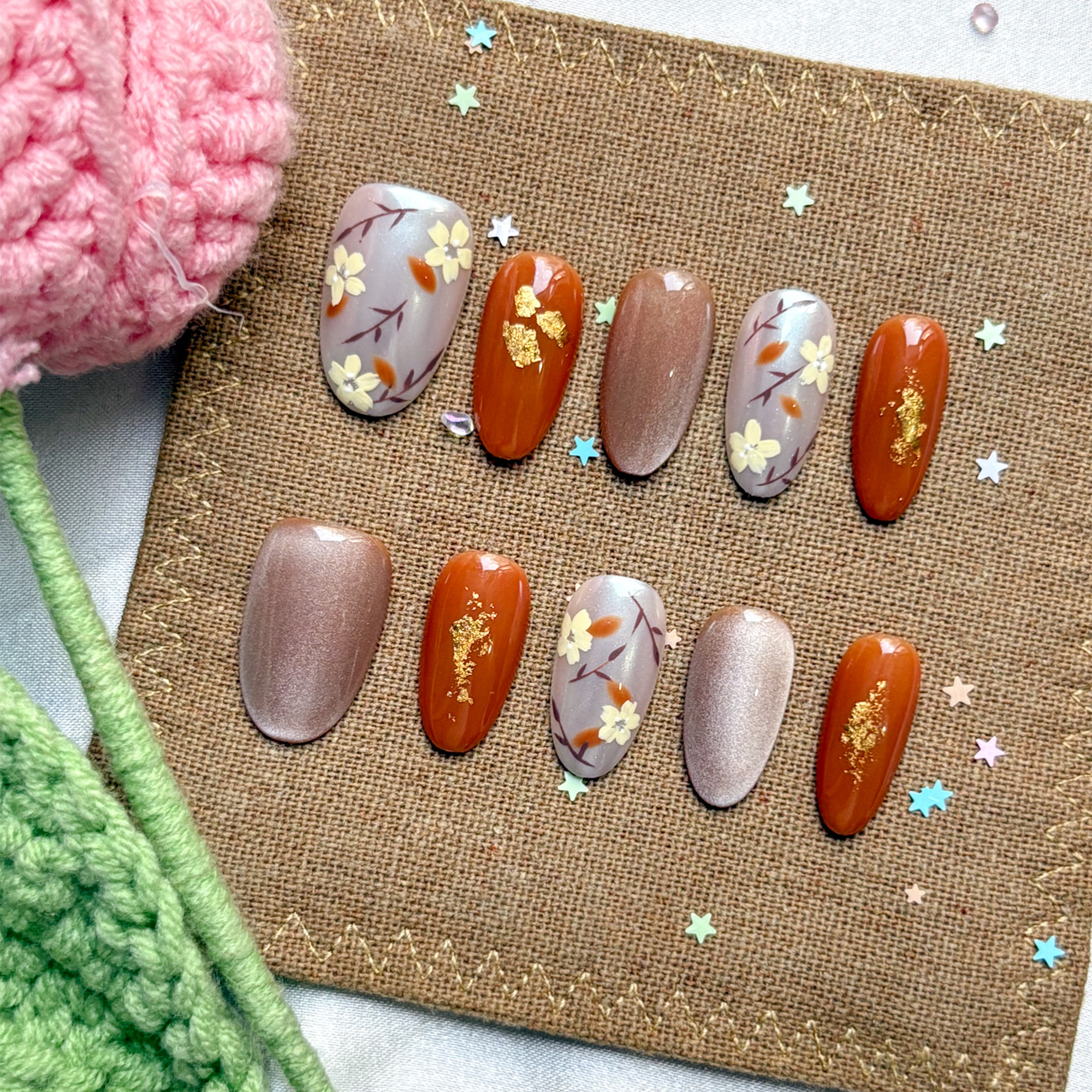 Custom Press-On Nails – Autumn Floral in Brown & Gray with Gold Foil | Cozy Fall Nail Art | Wynzy Pops Nails