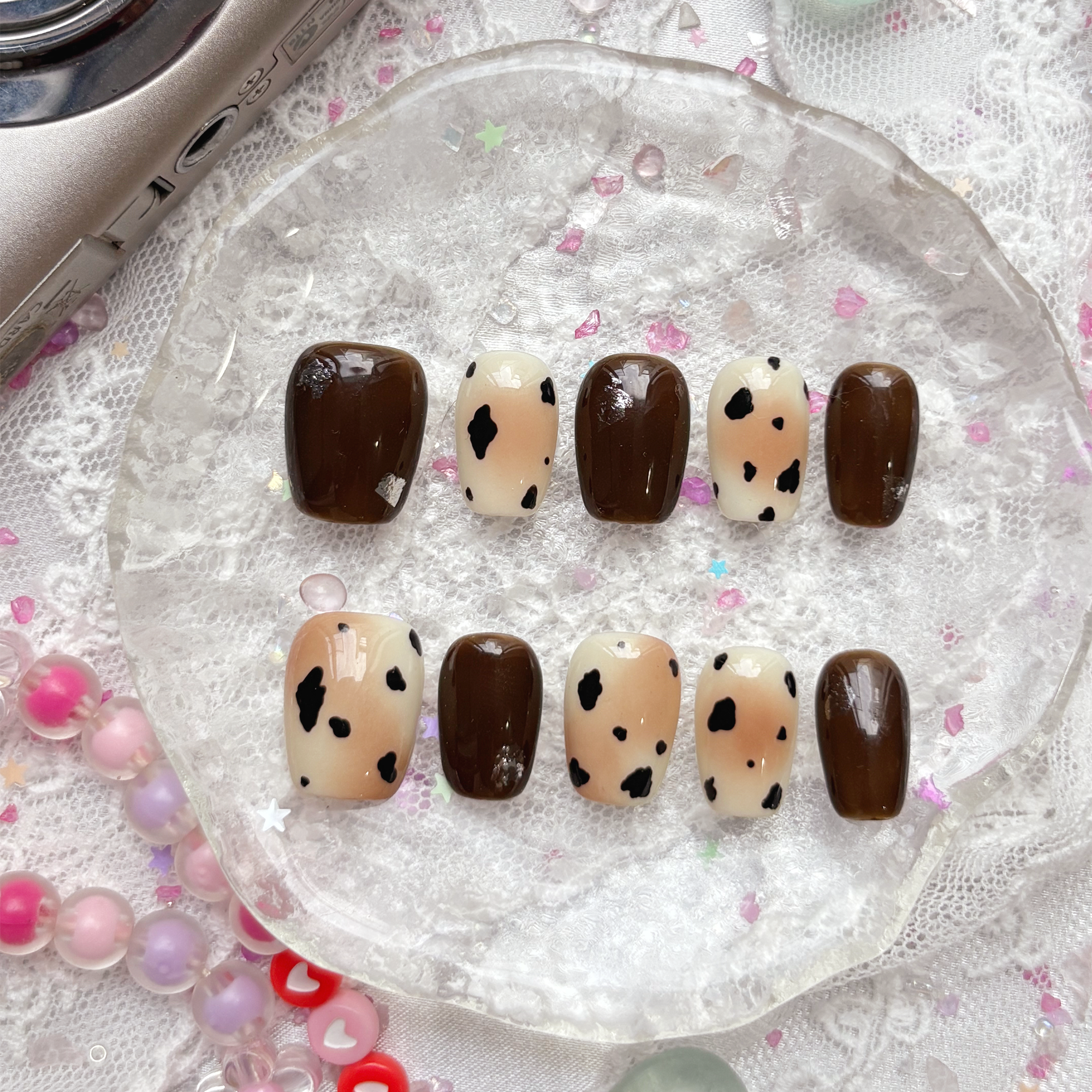 Custom Cow Print Press-On Nails – Short Square Autumn Nails | Brown & Cream Combo | Wynzy Pops Nails