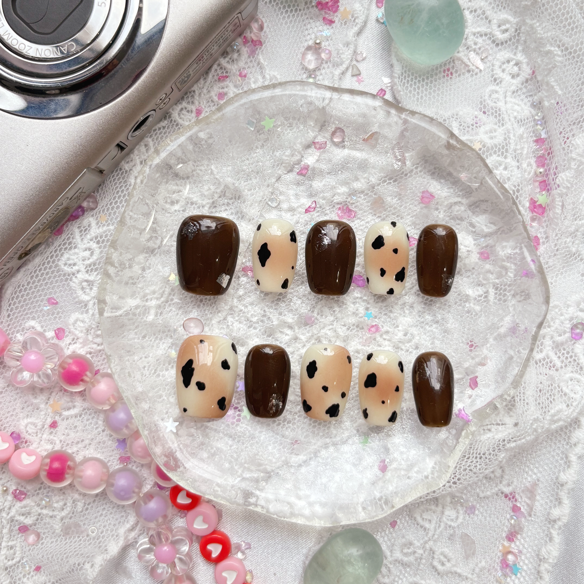 Custom Cow Print Press-On Nails – Short Square Autumn Nails | Brown & Cream Combo | Wynzy Pops Nails
