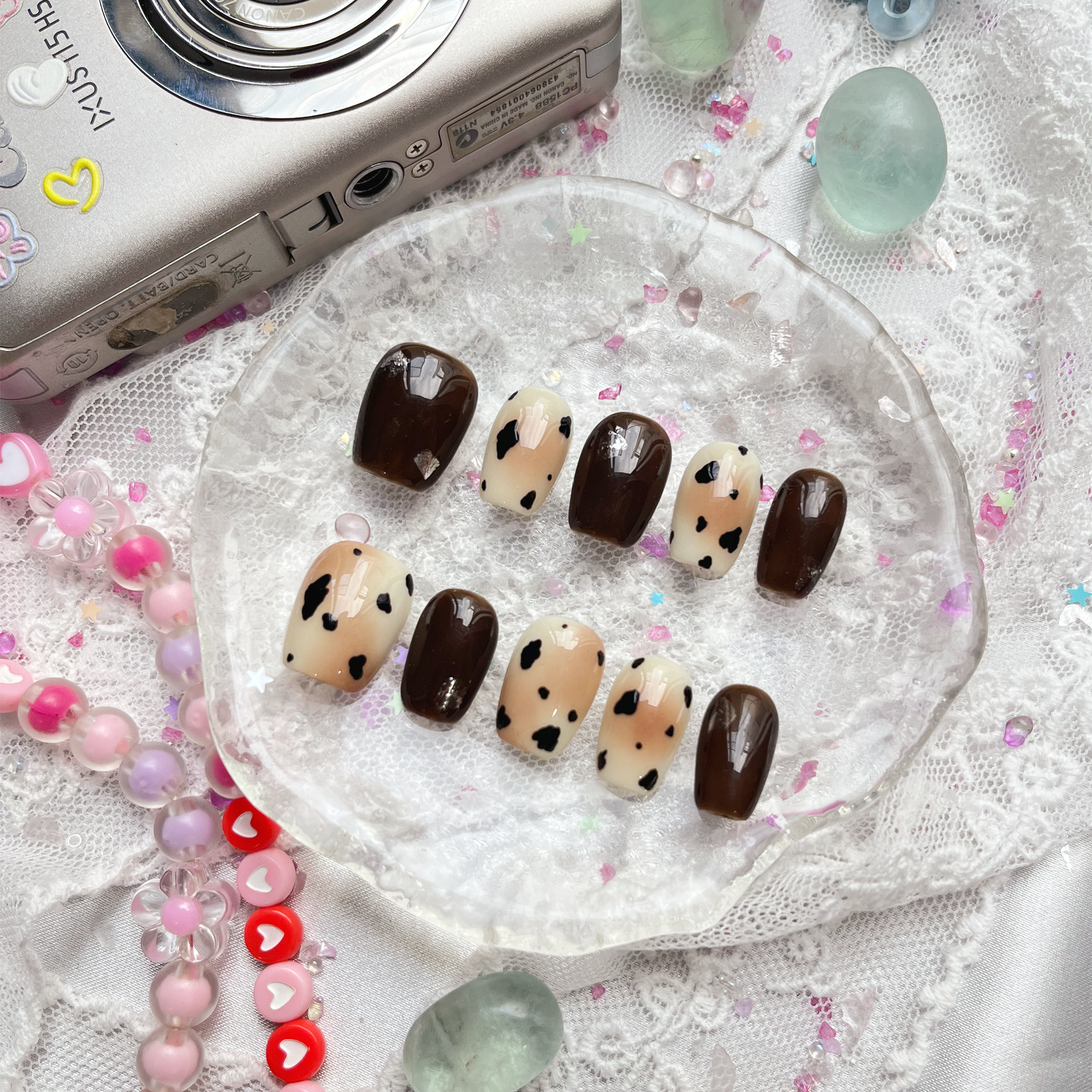 Custom Cow Print Press-On Nails – Short Square Autumn Nails | Brown & Cream Combo | Wynzy Pops Nails