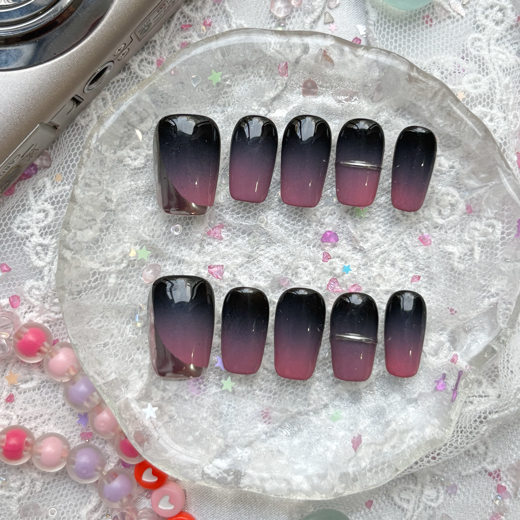Custom Press-On Nails – Gray Pink Ombre Long Square Gradient Nail Art | Elegant Everyday | Wynzy Pops Nails
