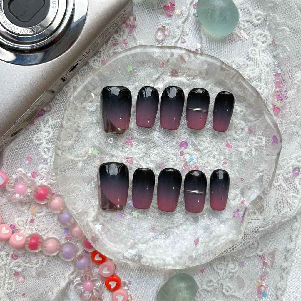 Custom Press-On Nails – Gray Pink Ombre Long Square Gradient Nail Art | Elegant Everyday | Wynzy Pops Nails