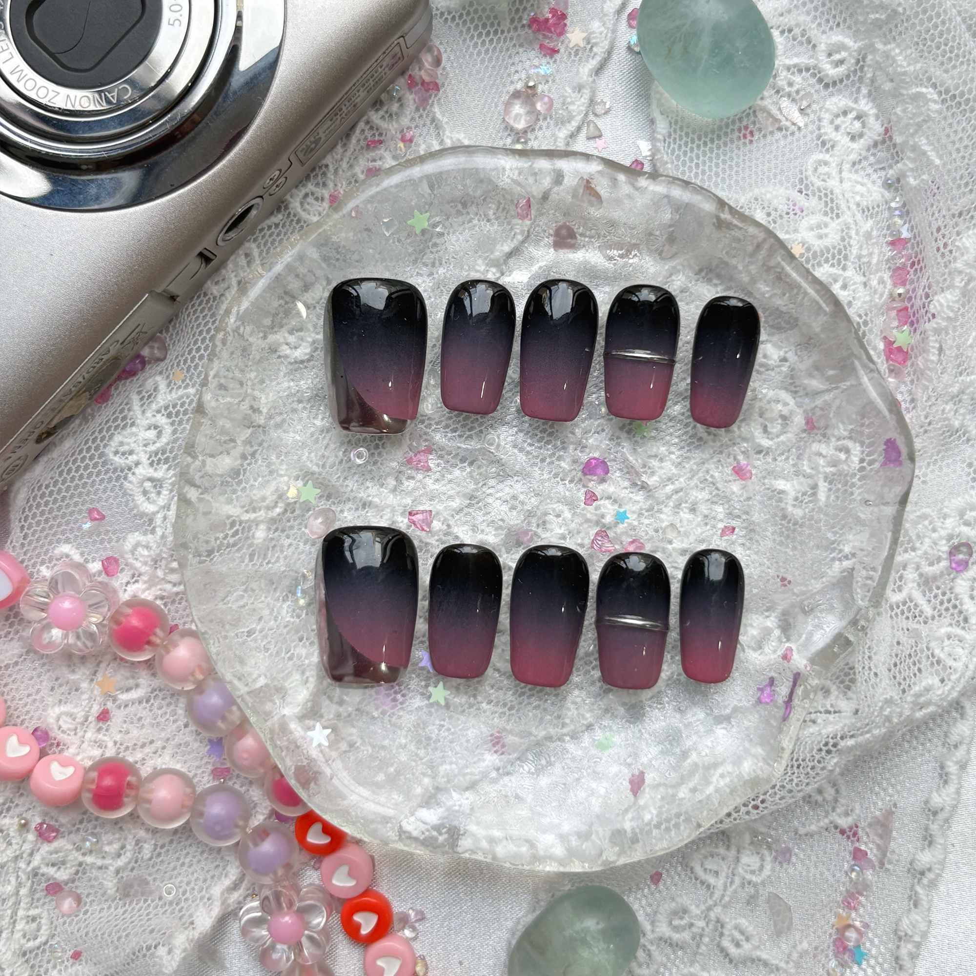 Custom Press-On Nails – Gray Pink Ombre Long Square Gradient Nail Art | Elegant Everyday | Wynzy Pops Nails