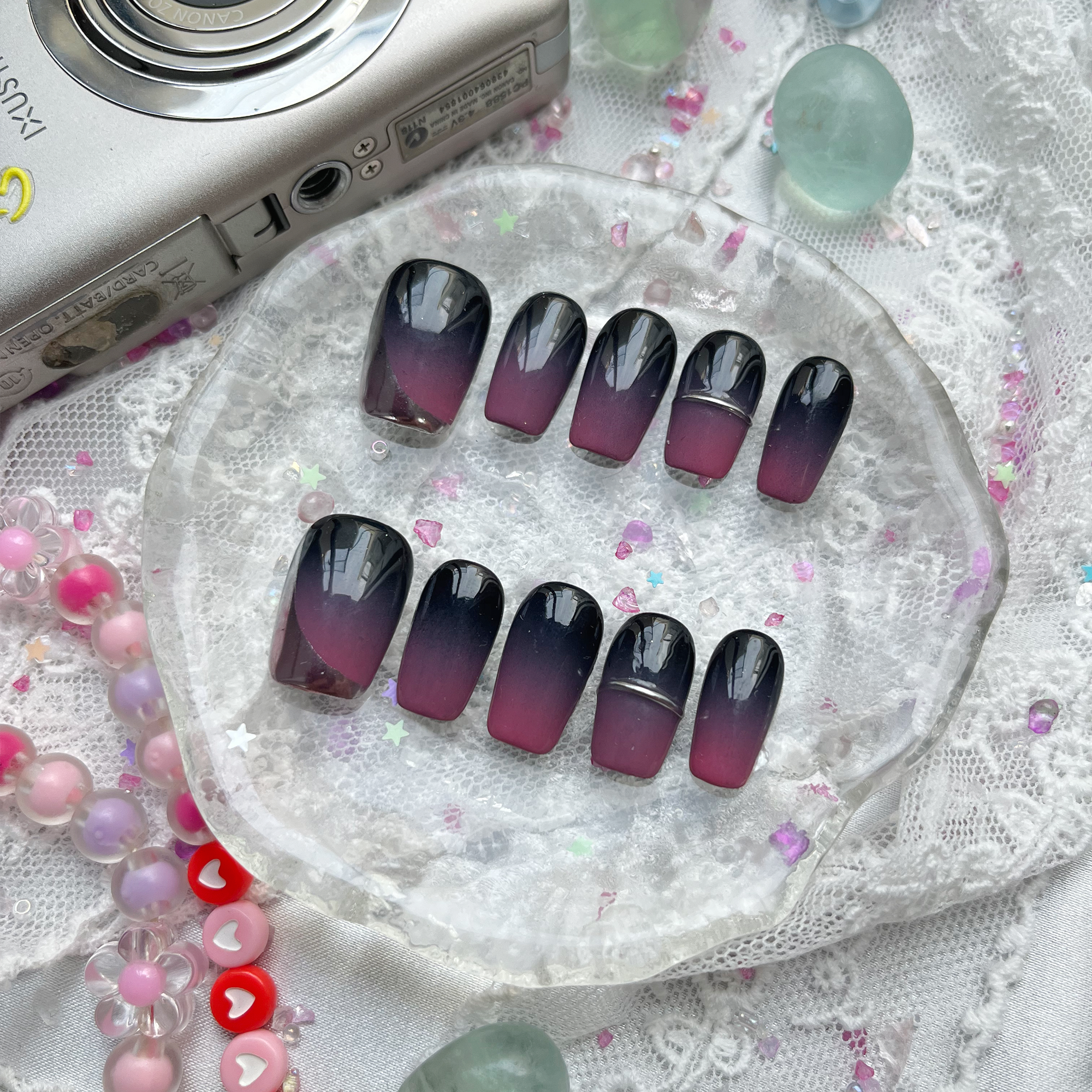 Custom Press-On Nails – Gray Pink Ombre Long Square Gradient Nail Art | Elegant Everyday | Wynzy Pops Nails