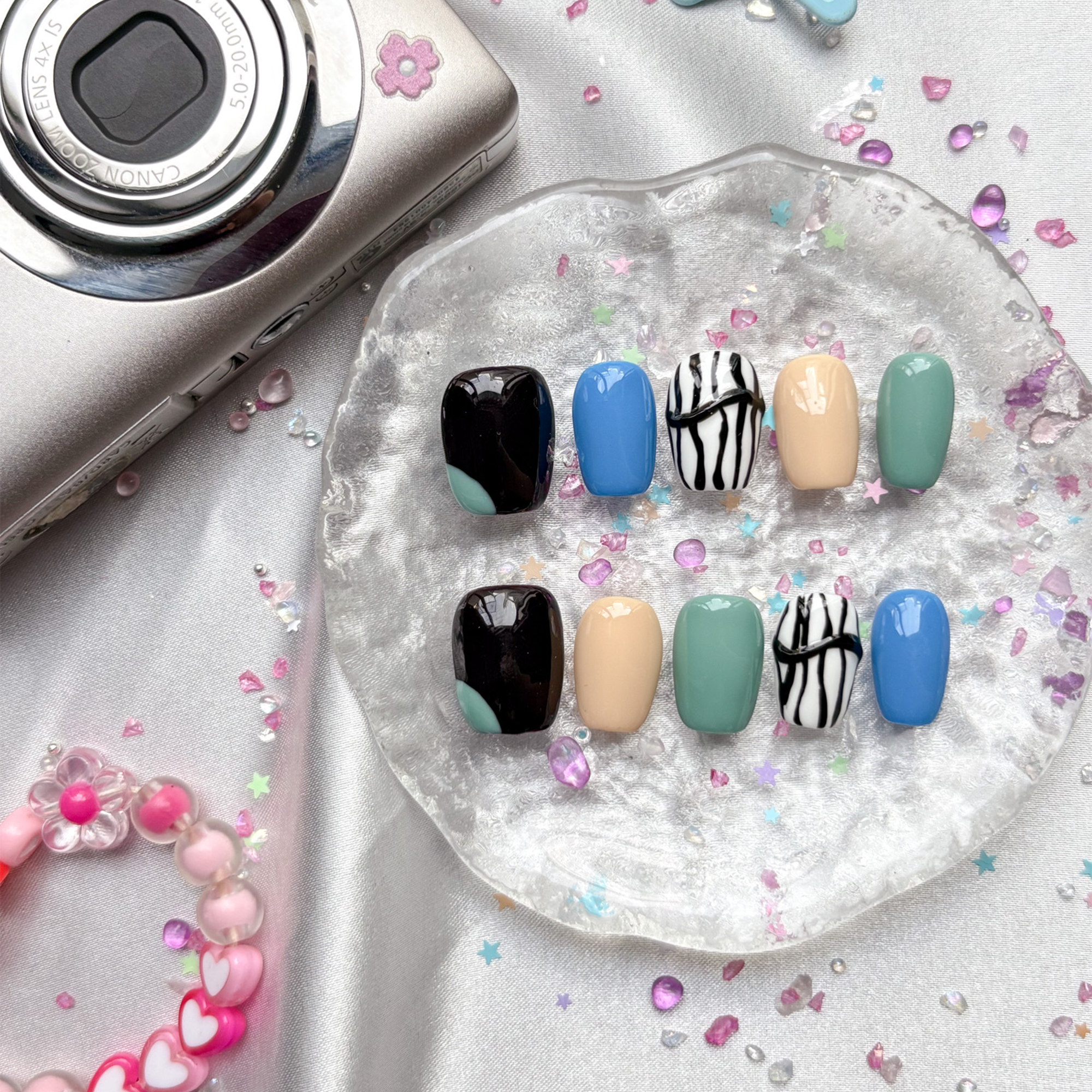 Personalized Y2K Press On Nails | Black, Blue & Green Bold Nail Art | Handmade Custom Trendy Nails