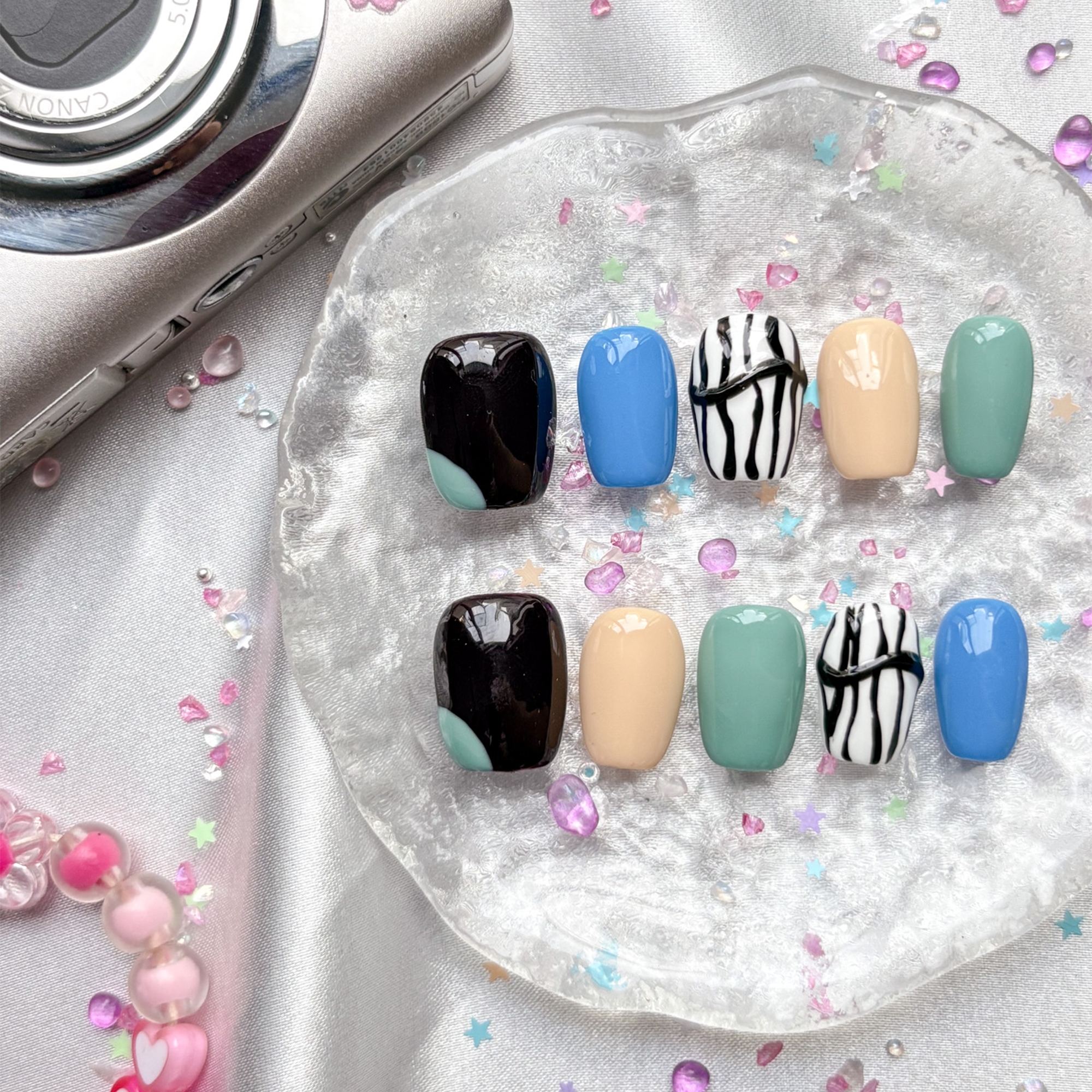 Personalized Y2K Press On Nails | Black, Blue & Green Bold Nail Art | Handmade Custom Trendy Nails