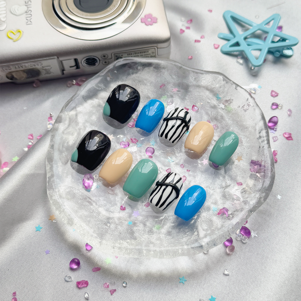 Personalized Y2K Press On Nails | Black, Blue & Green Bold Nail Art | Handmade Custom Trendy Nails