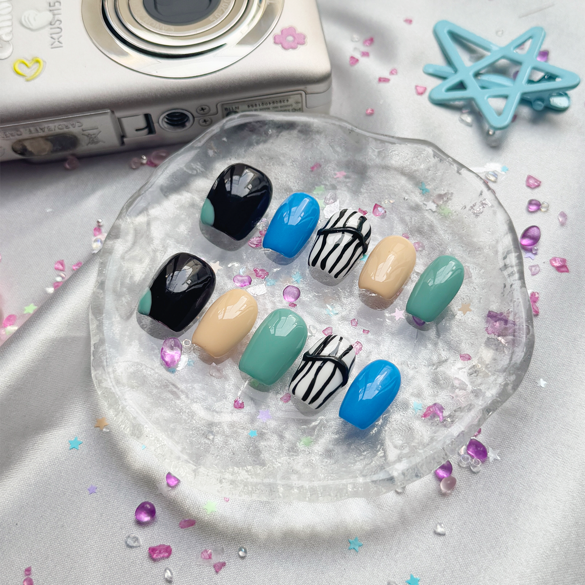 Personalized Y2K Press On Nails | Black, Blue & Green Bold Nail Art | Handmade Custom Trendy Nails