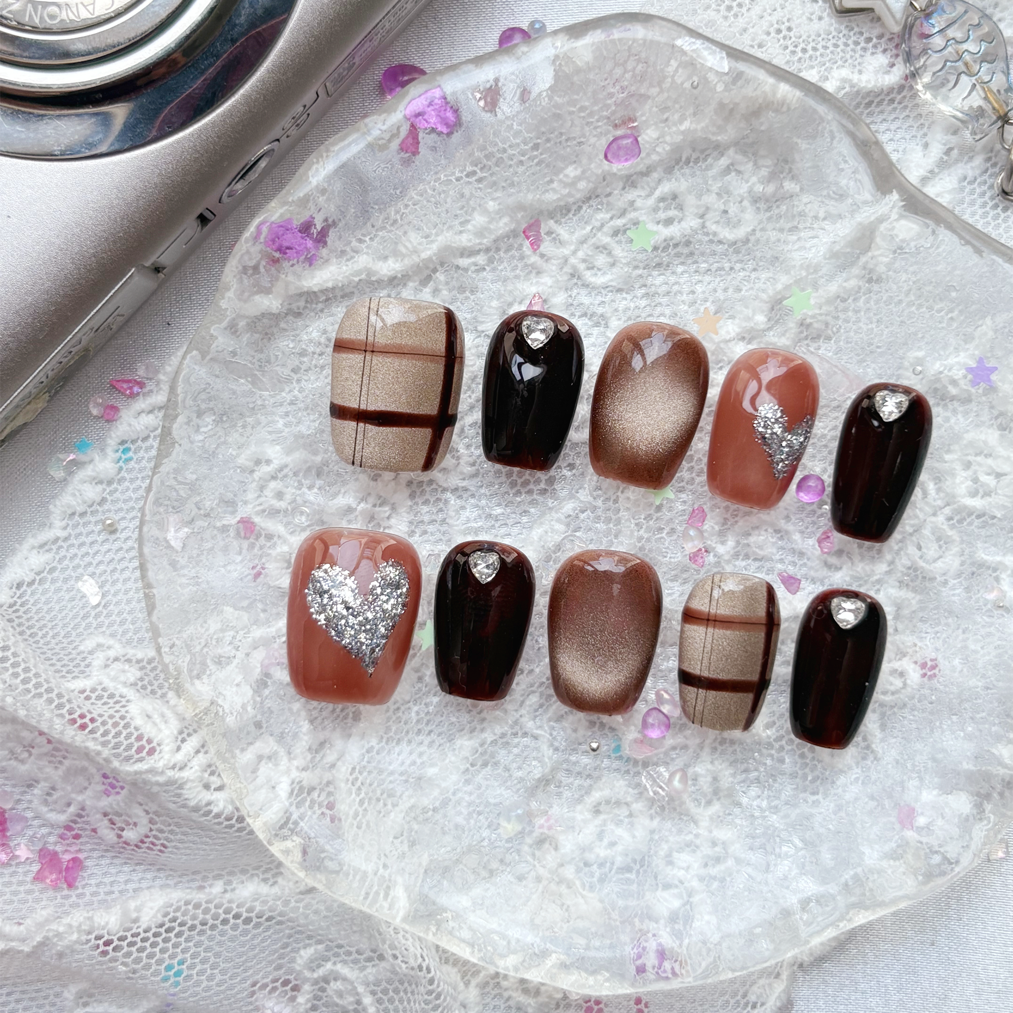 Custom Press-On Nails – Korean Checkered Fall Set with Rhinestone Hearts | Personalized Cozy Chic Nail Art | Wynzy Pops Nails
