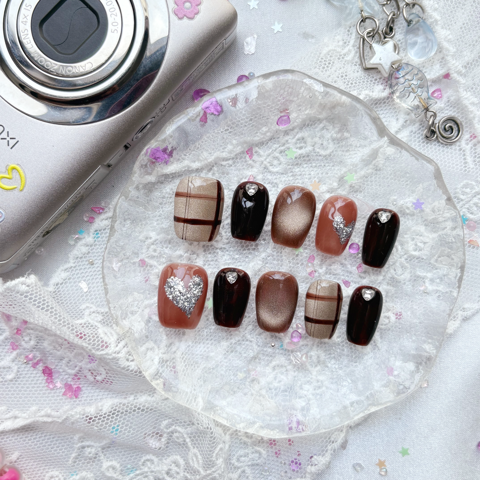 Custom Press-On Nails – Korean Checkered Fall Set with Rhinestone Hearts | Personalized Cozy Chic Nail Art | Wynzy Pops Nails
