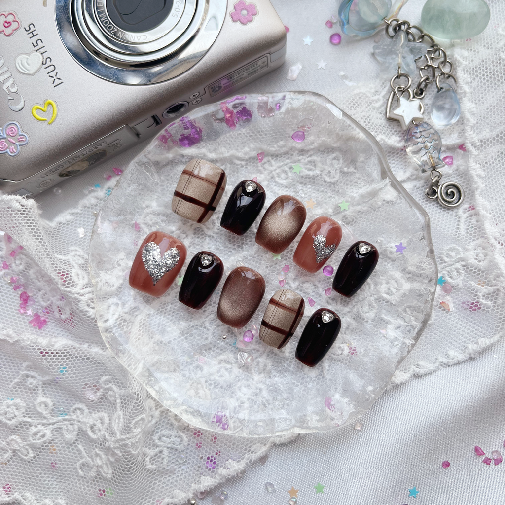Custom Press-On Nails – Korean Checkered Fall Set with Rhinestone Hearts | Personalized Cozy Chic Nail Art | Wynzy Pops Nails